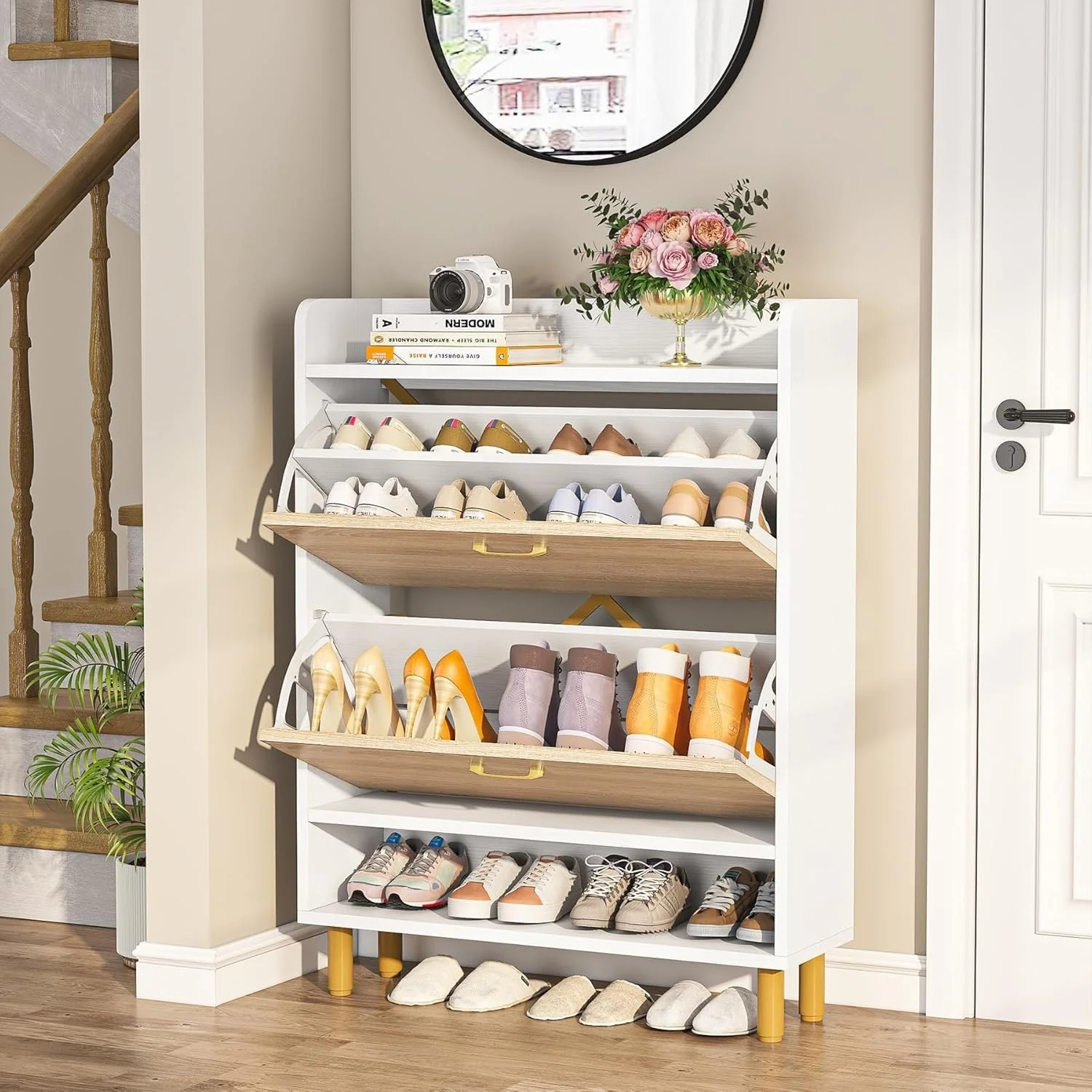 24 Pairs Shoe Storage Cabinet Rack with 2 Flip Drawers - 2-Tier