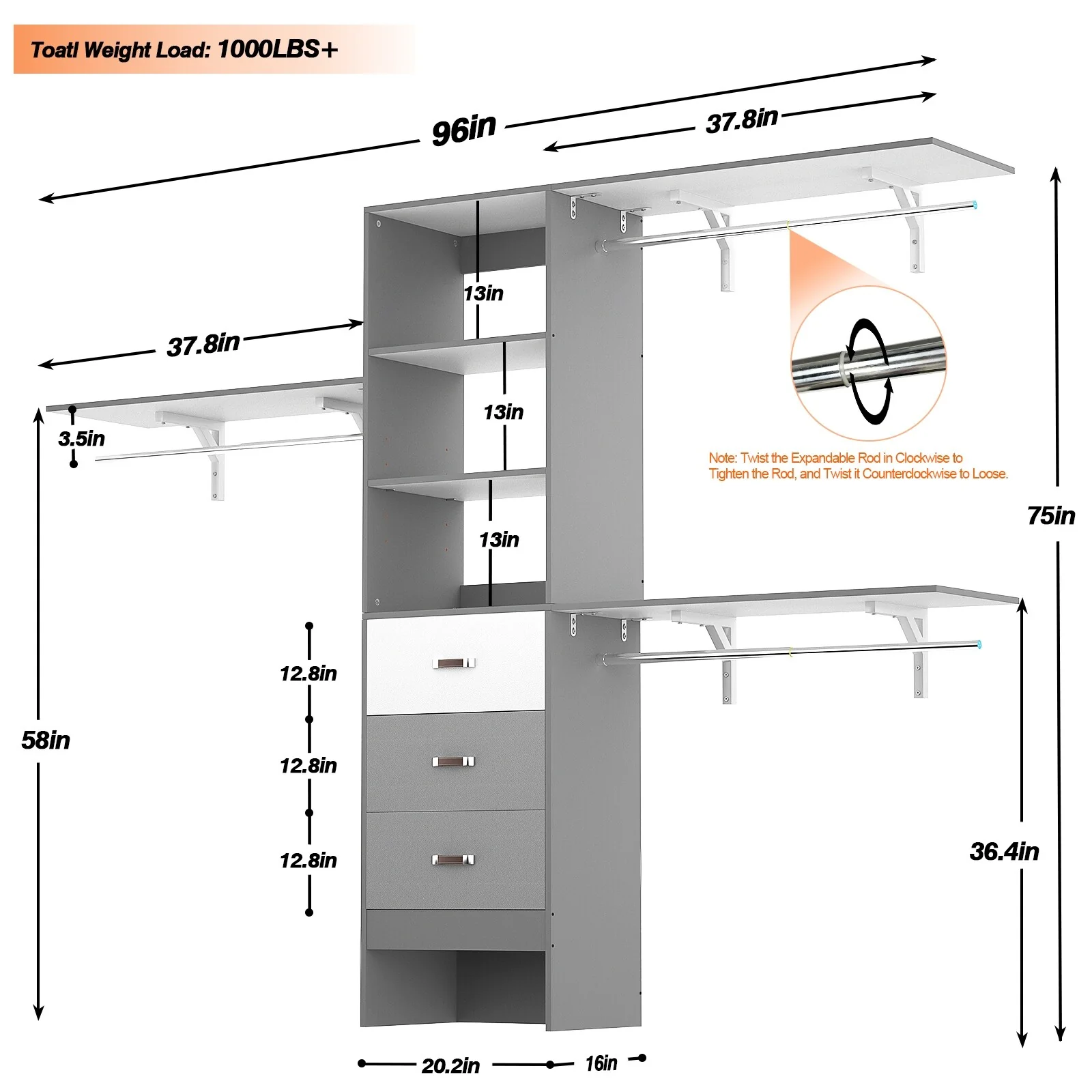 Rackcog 120'' Closet Organizer with Drawers, Closet System with DIY Shelves for Reach-in and Walk-in Closet