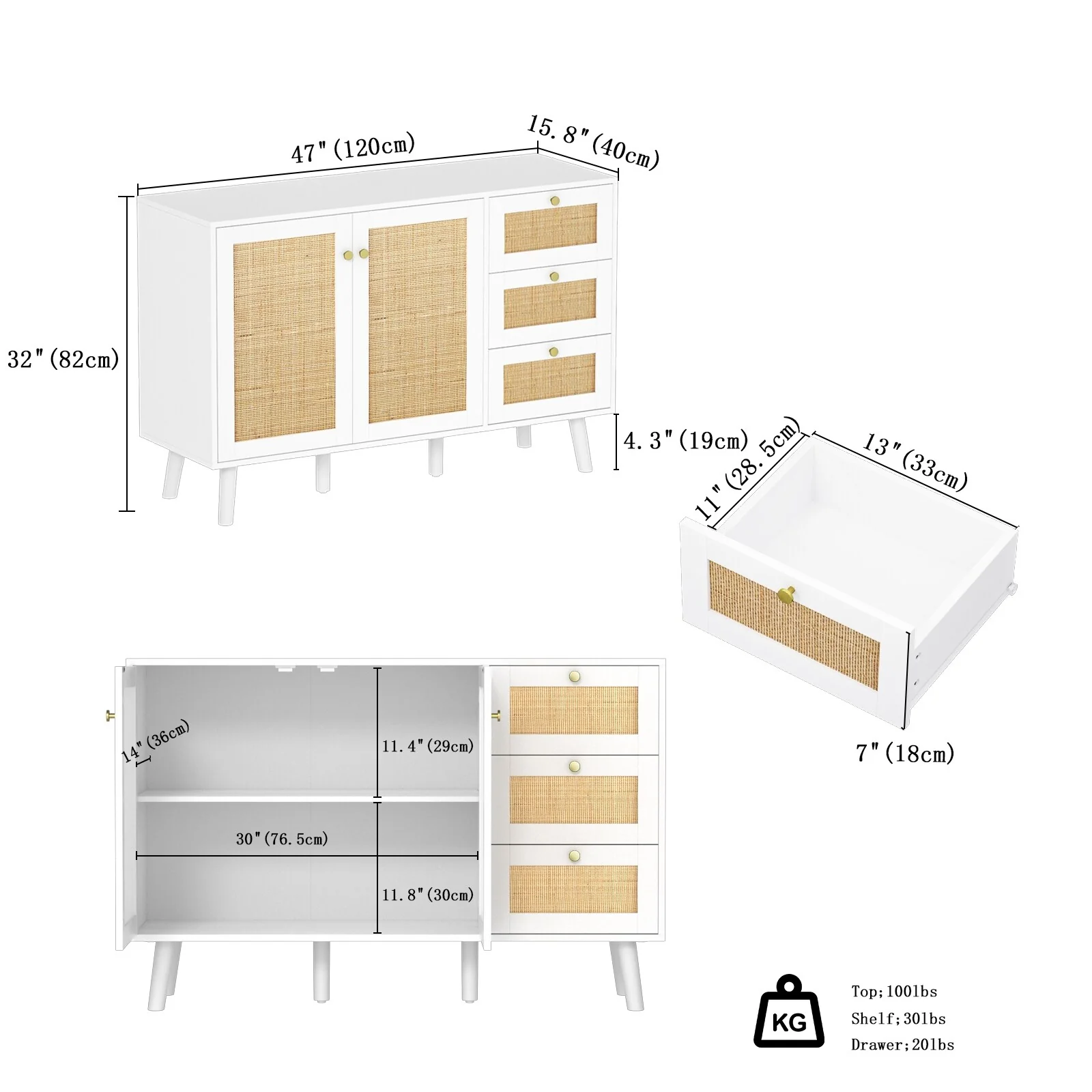 Anmytek Mid-Century Modern 2-Door Wood Rattan Buffet Sideboard Kitchen Storage Cabinet with 3 Drawers