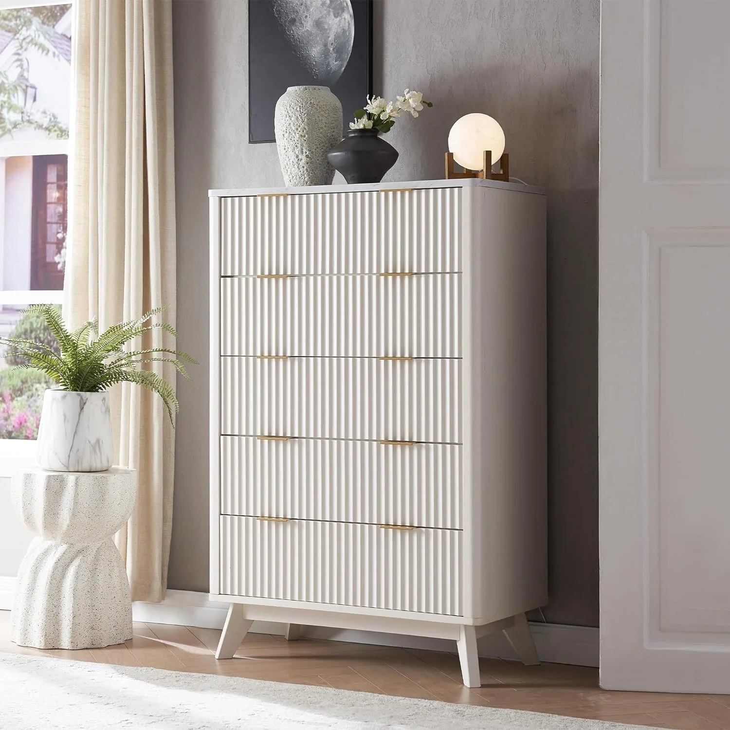 Modern Fluted 5 Drawers Dresser, Chest of Drawers, Dresser TV Stand