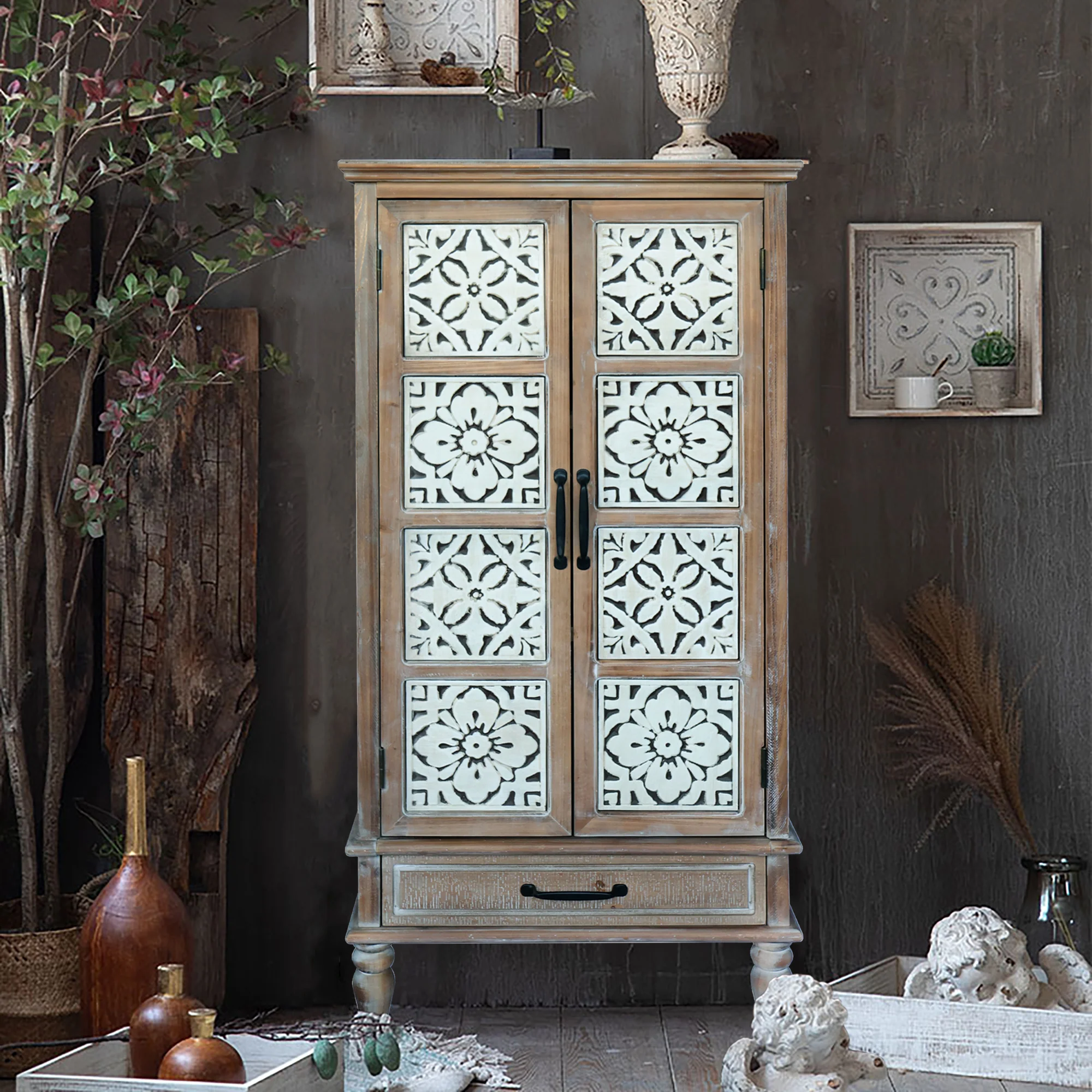 Tall Tower Storage Cabinet with 2 Doors and Drawer