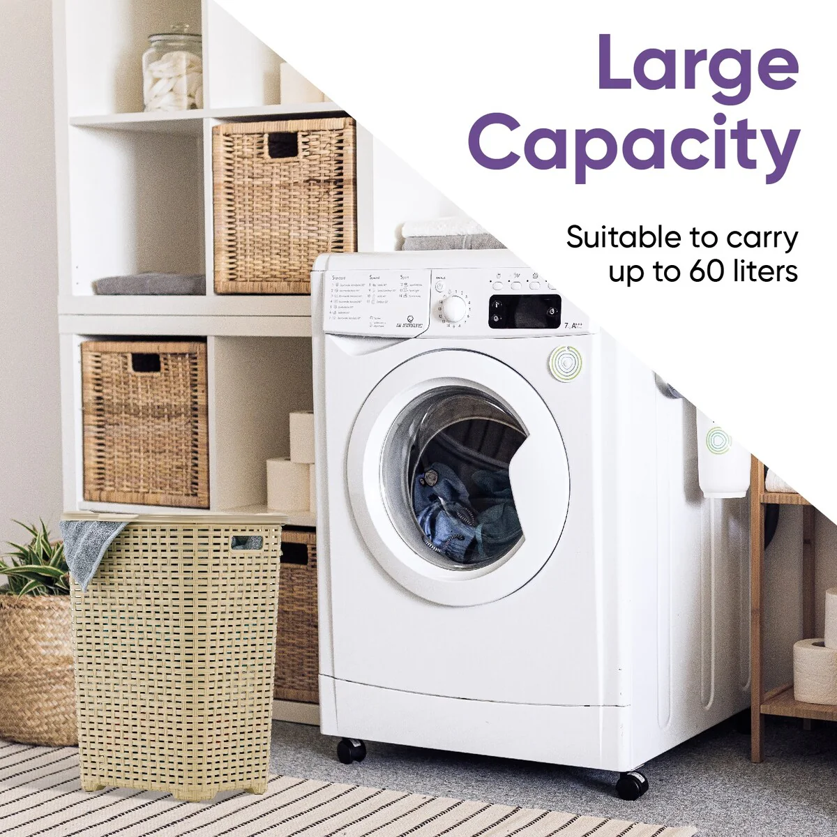 Superio Plastic Wicker Laundry Hamper with Lid Large Capacity - Capacity: 60l