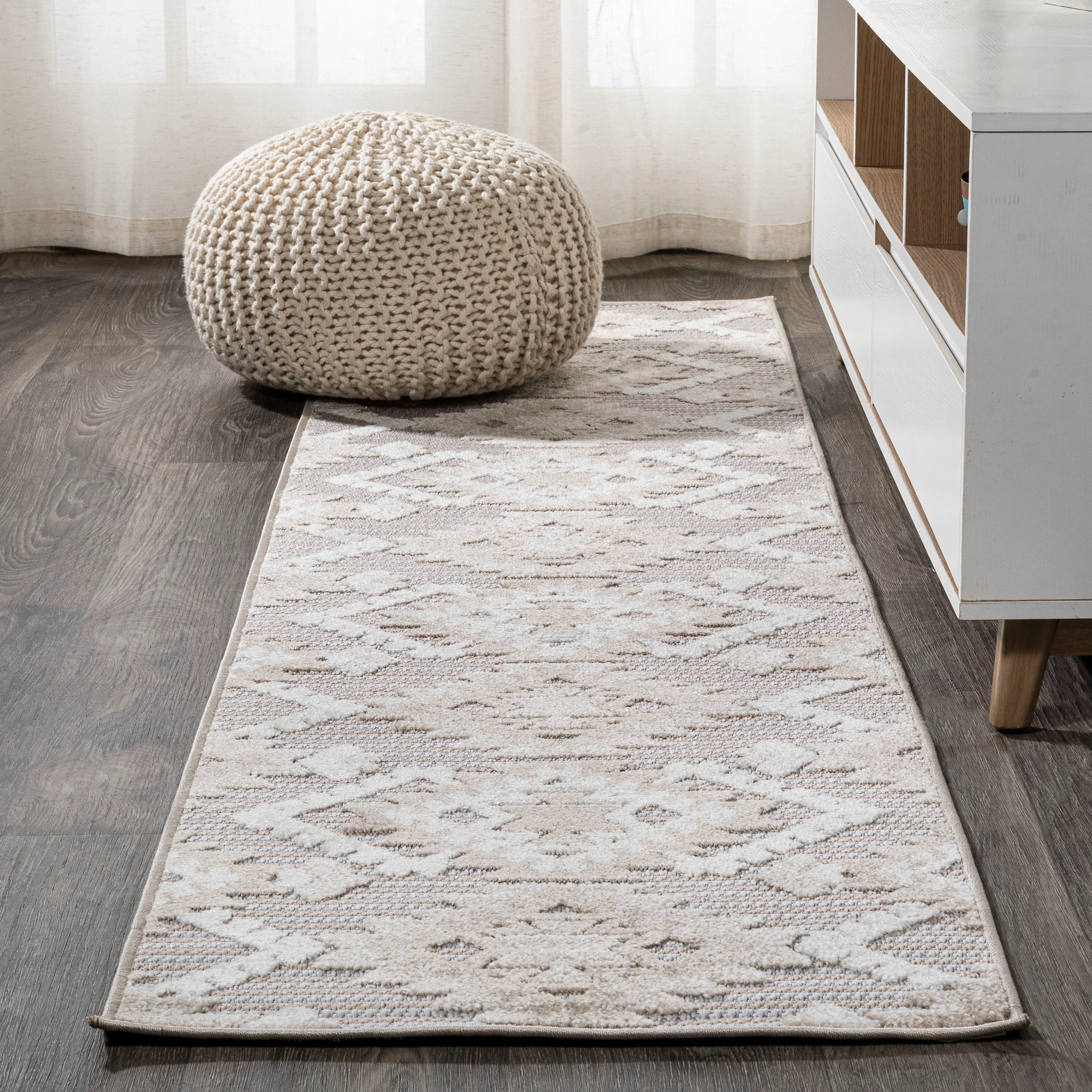 Sumak High-Low Pile Neutral Diamond Kilim Indoor/Outdoor Area Rug