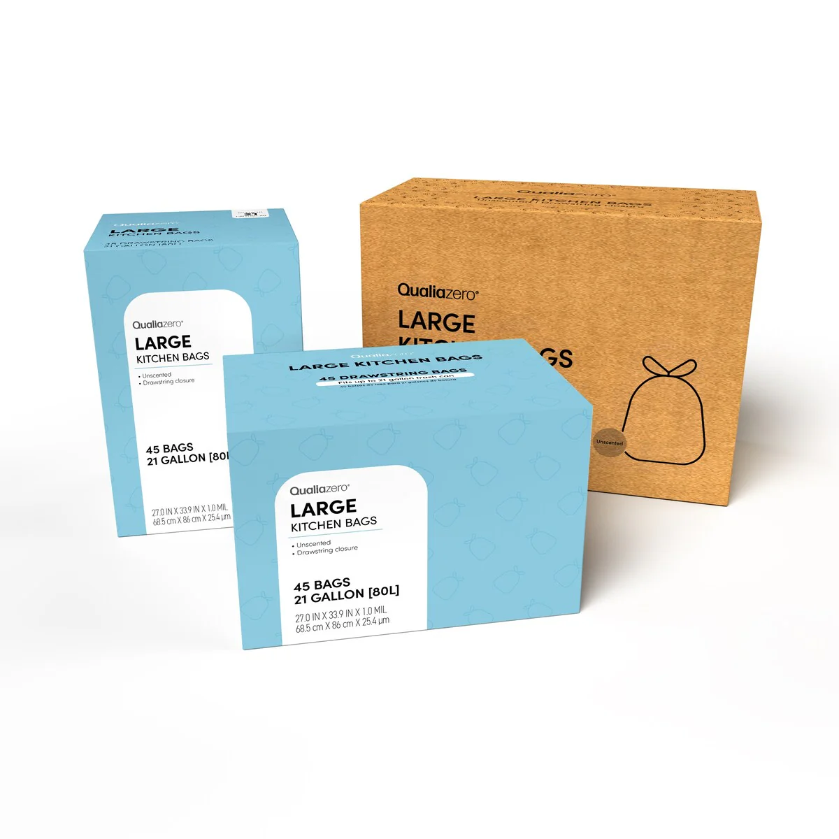 Qualiazero 21 Gallon Drawstring Trash Bag - 45 Bags - Scented or unscented