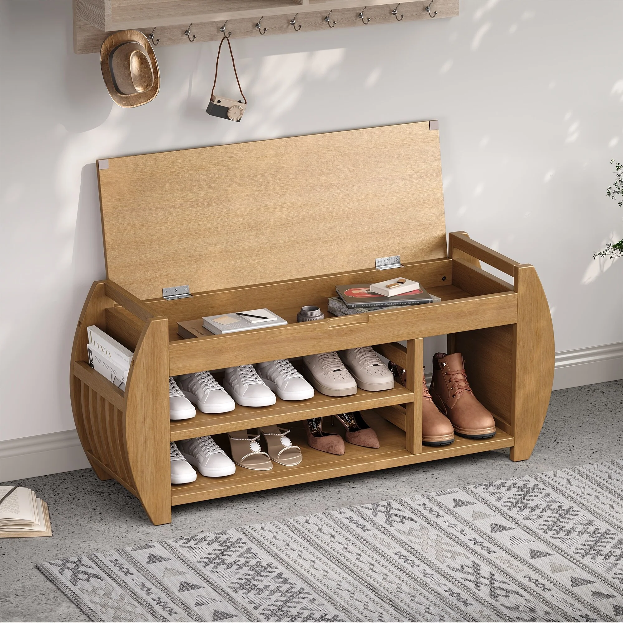 Multifunctional Storage Bench with Cushion and Curved Side Panel for Entrance and Living Room