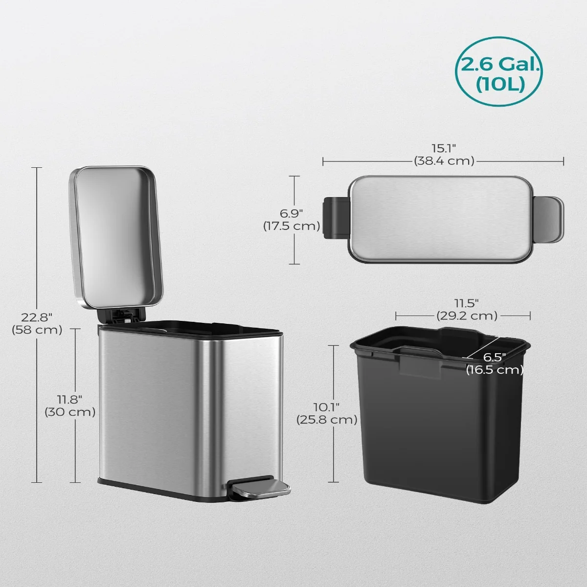 Stainless Steel Slim Bathroom Trash Can with Soft-Close Lid and Plastic Removable Inner Bucket