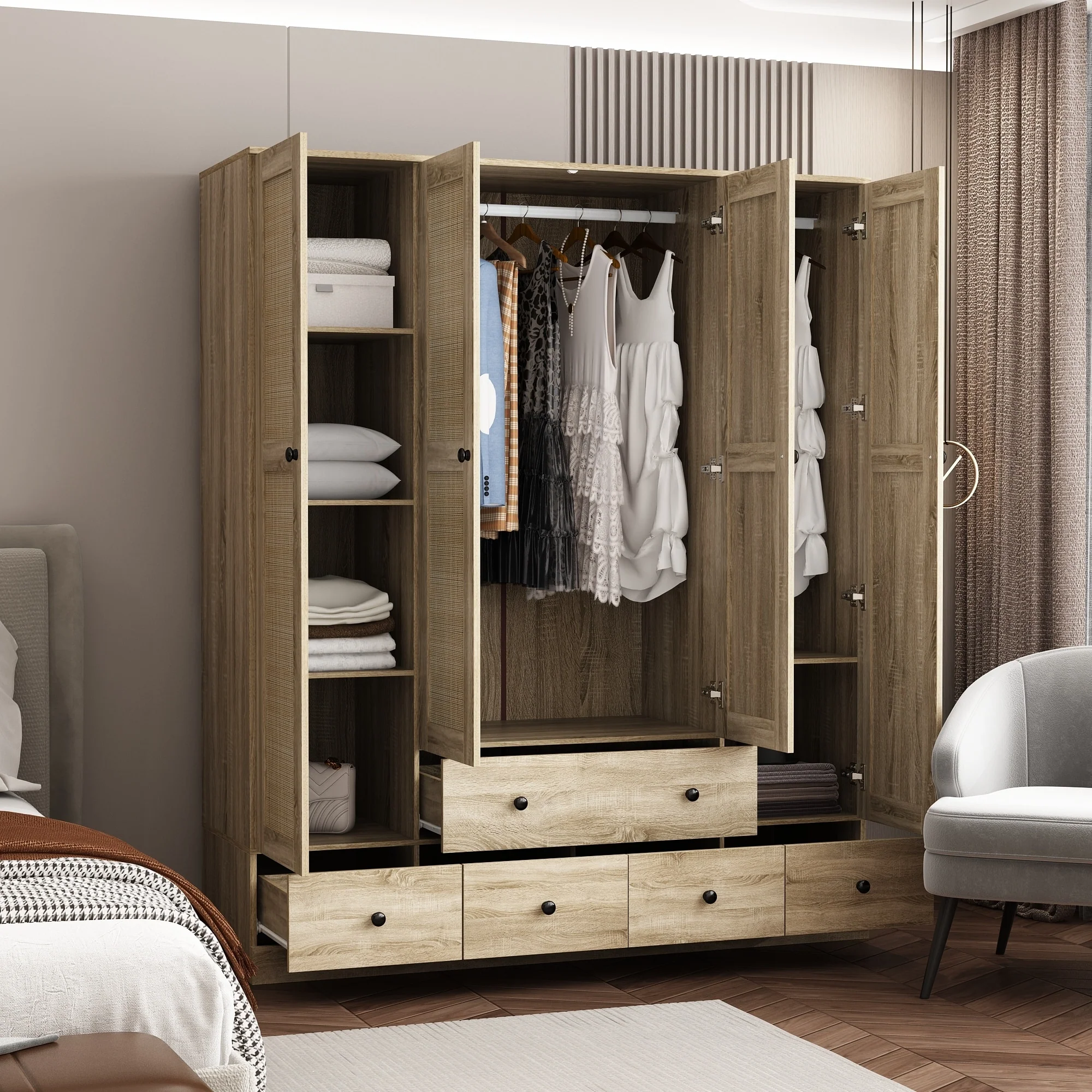 Large Storage Wardrobe Versatile Rattan Door Closet with Deep Drawers