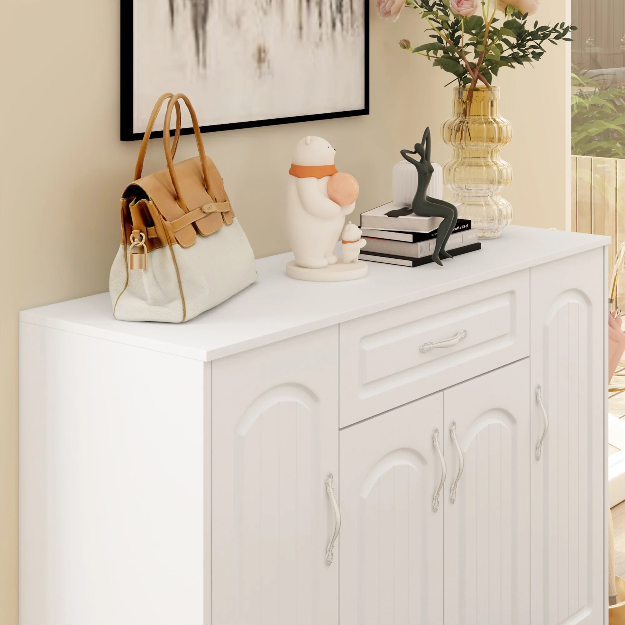 Multi-Functional White Shoe Cabinet with Adjustable Shelves Entryway