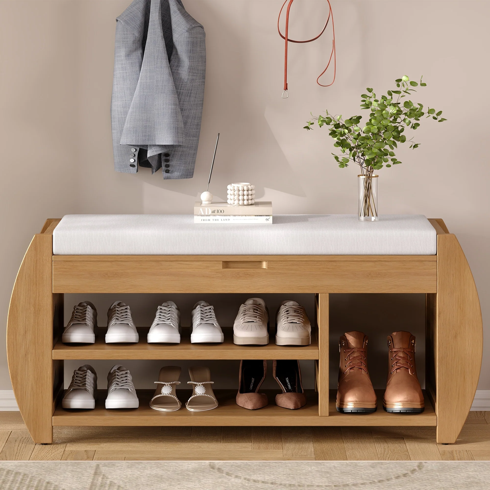 Shoe Storage Bench with Cushion and Curved Side