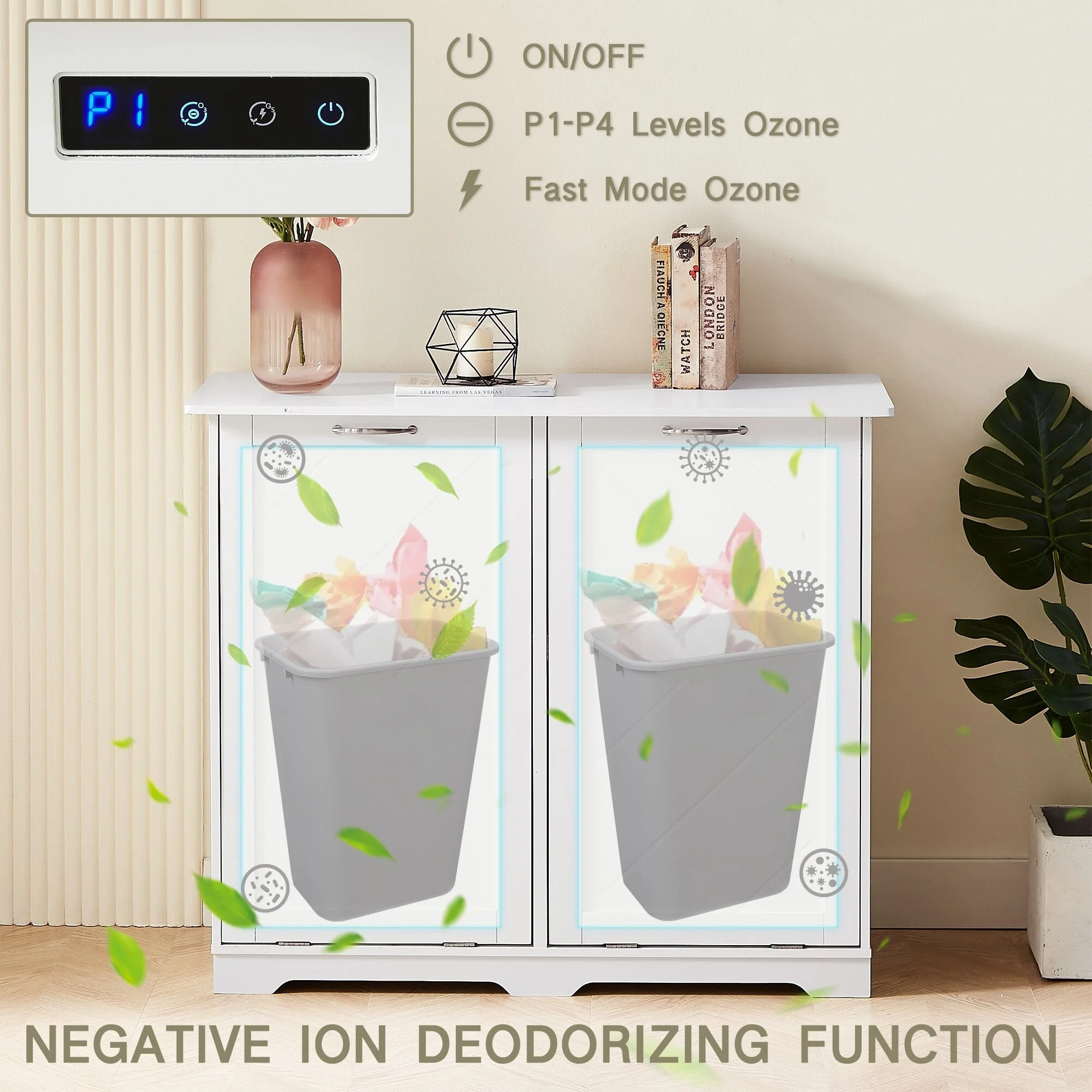 Double Tilt Out Trash Cabinet Free Standing 10 Gallon Recycling Trash Can Cabinet with negative ion and deodorizing function