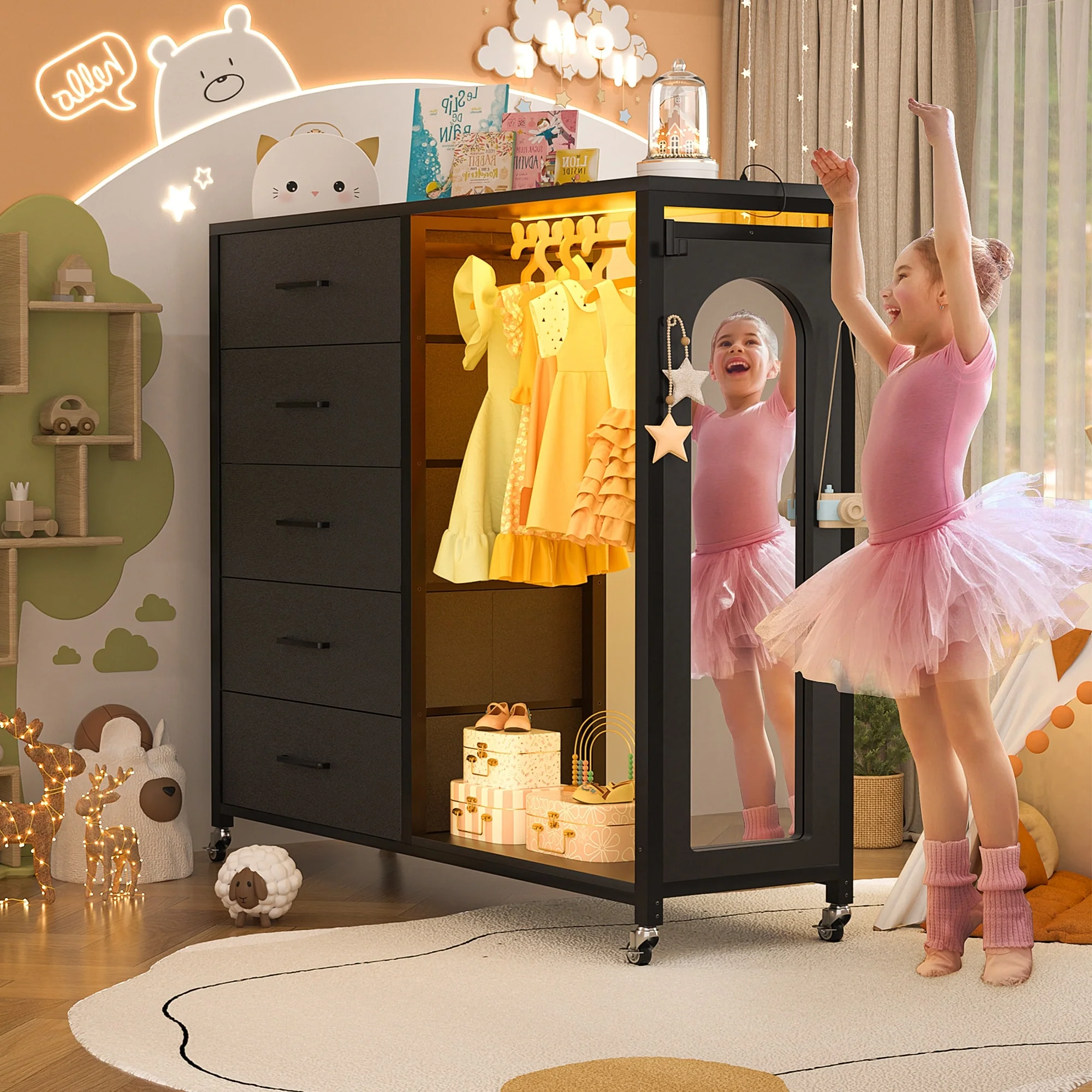 Kid's Closet Organizer with Fabric Drawers and Mirror, Rolling Dresser and Chest with Charge Station
