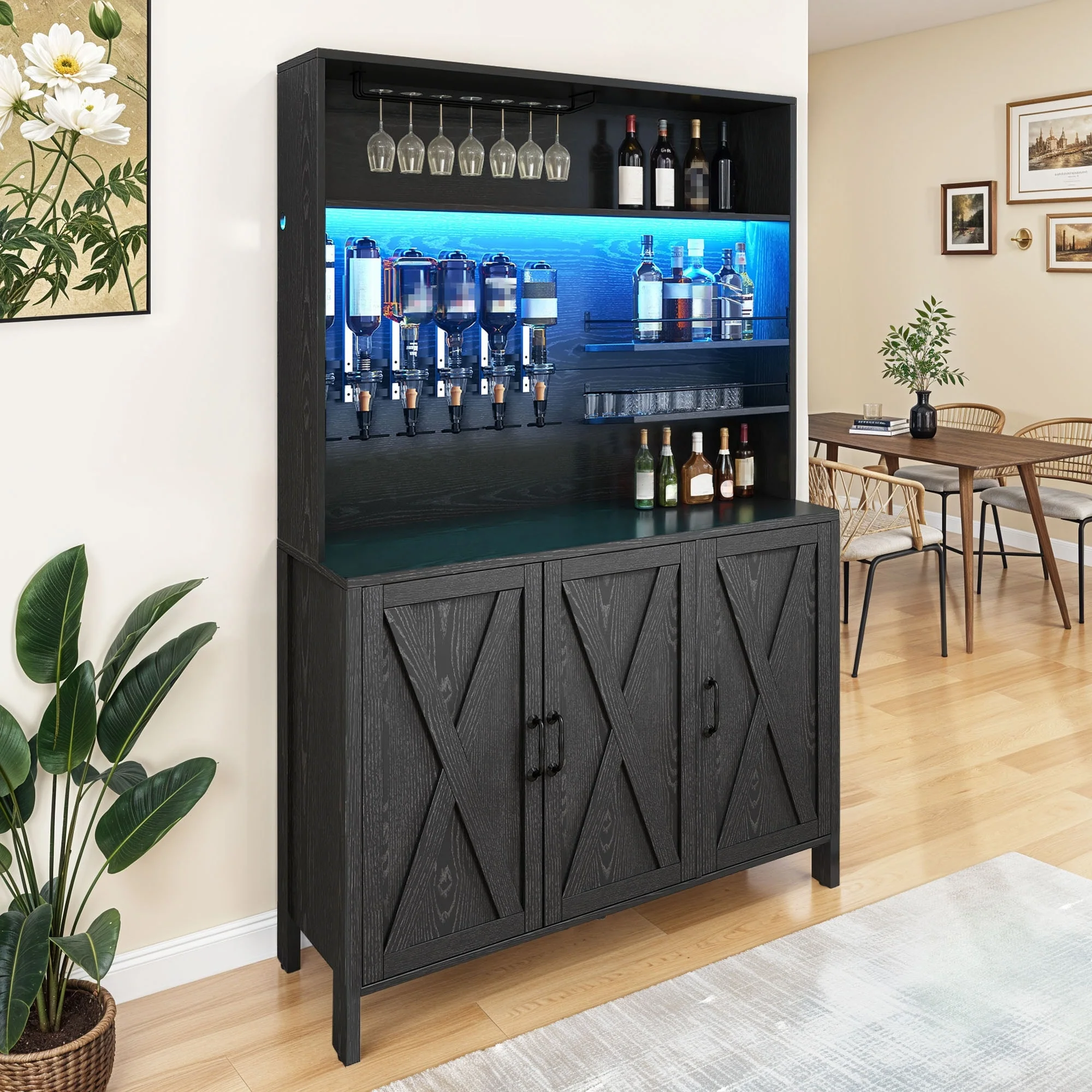 Moasis Farmhouse Bar Cabinet Wine Rack with RGB Light and Power Outlet