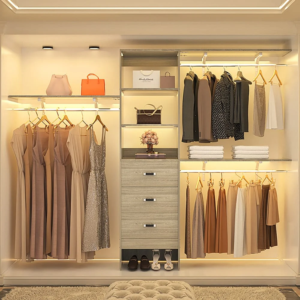 Rackcog 120'' Closet Organizer with Drawers, Closet System with DIY Shelves for Reach-in and Walk-in Closet