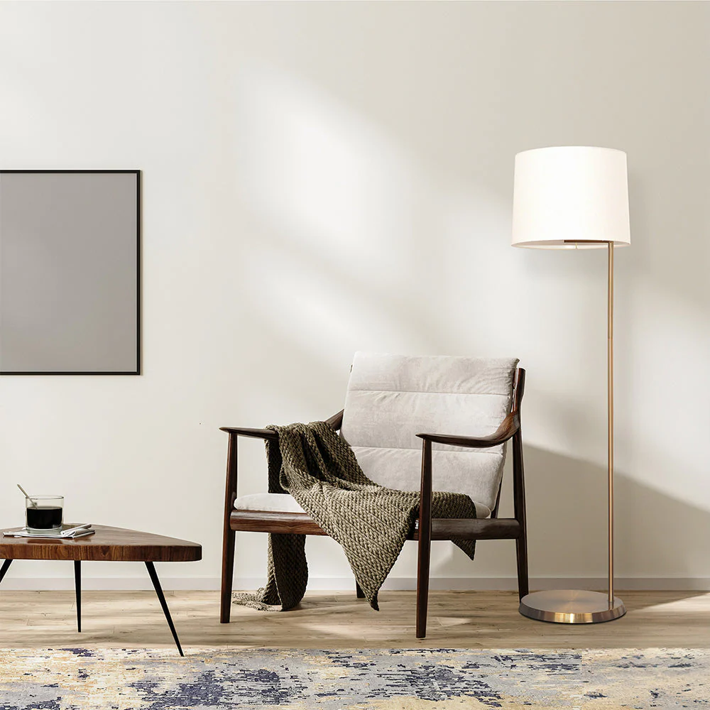 61 Floor Lamp with Drum-Shaped Linen Shade and Brass Base