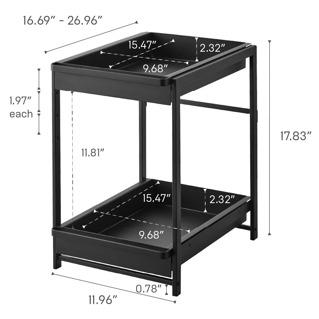 Yamazaki Home Under-Sink Rack with Pull-Out Shelf, Steel, Adjustable - L 26.97 x W 11.97 x H 17.83 inches