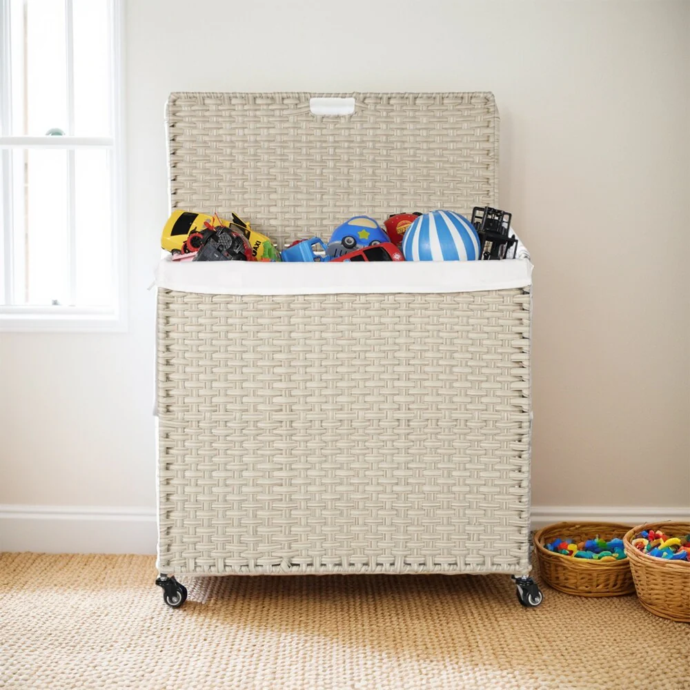 Laundry Hamper with Wheels, 160L Rattan Hampers & 2 Removable Liner Bags, Laundry Basket with Lid - 27