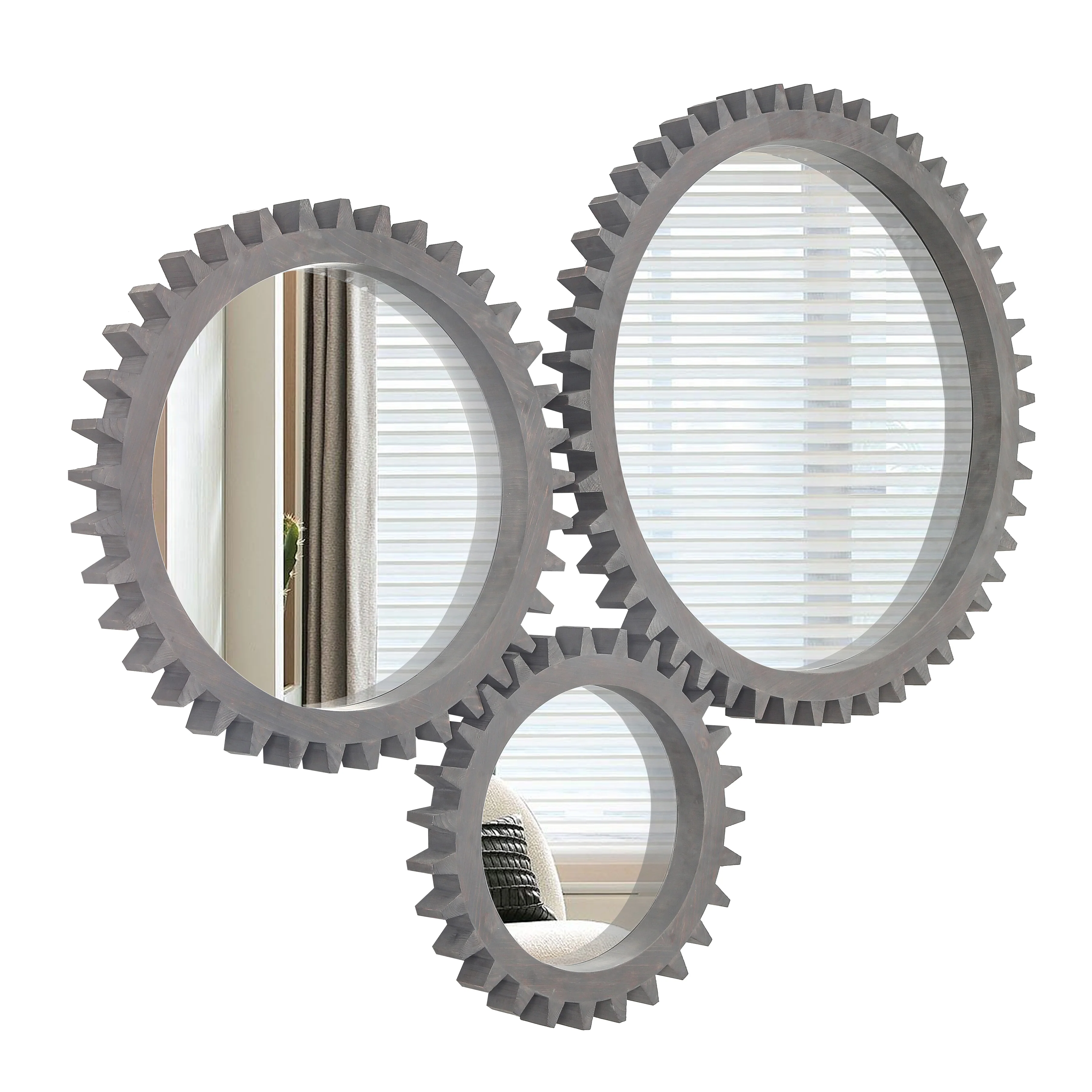 Harmonyx Wall Mirror with Gear Shape and Wood Frame