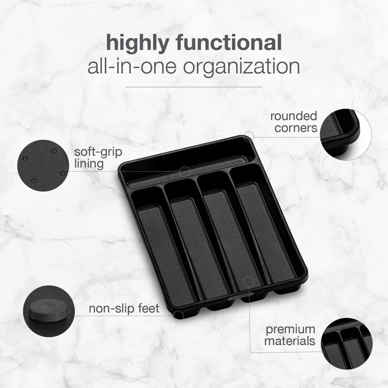 Mini 5-Compartment Plastic Silverware Tray for Drawer Organizer,Carbon