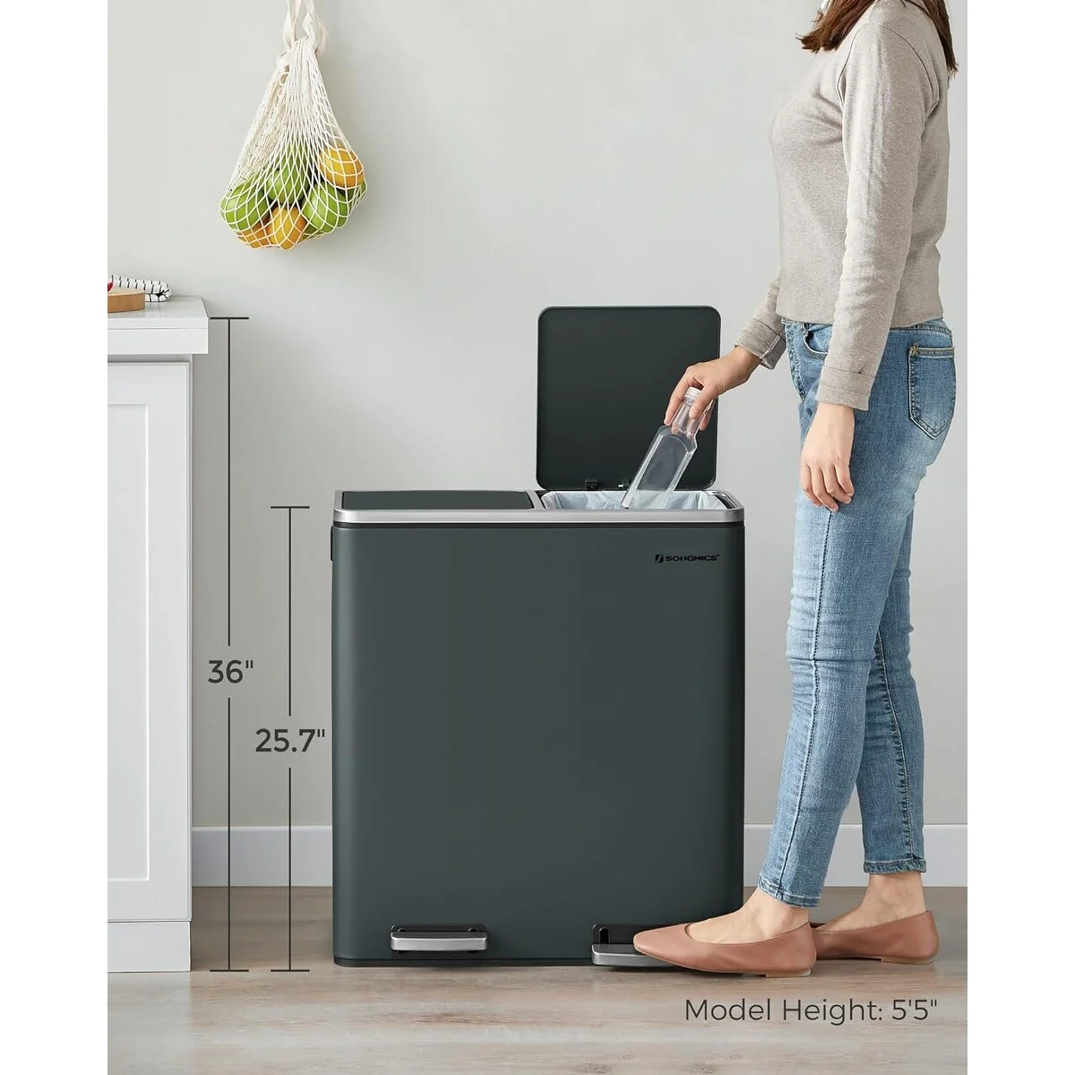 SONGMICS Dual Trash Can, 2x 8 Gallon Stainless Steel Garbage Can, Gray