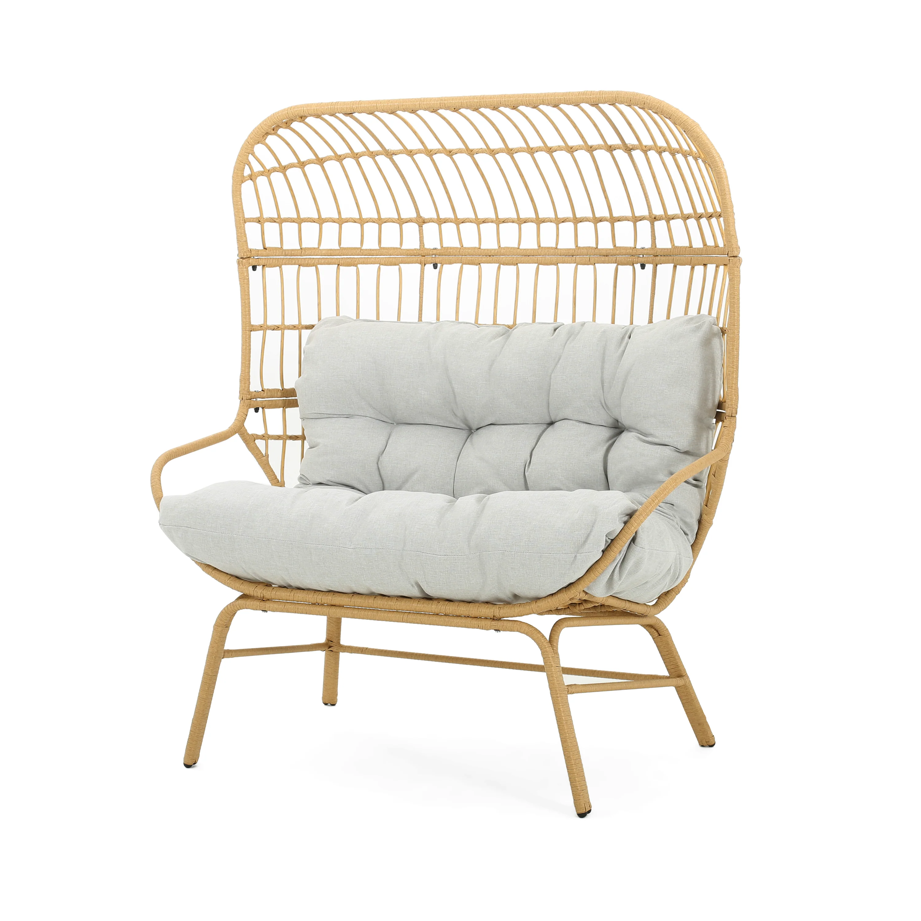 Outdoor Wicker Loveseat with Iron Frame and Seat Cushion