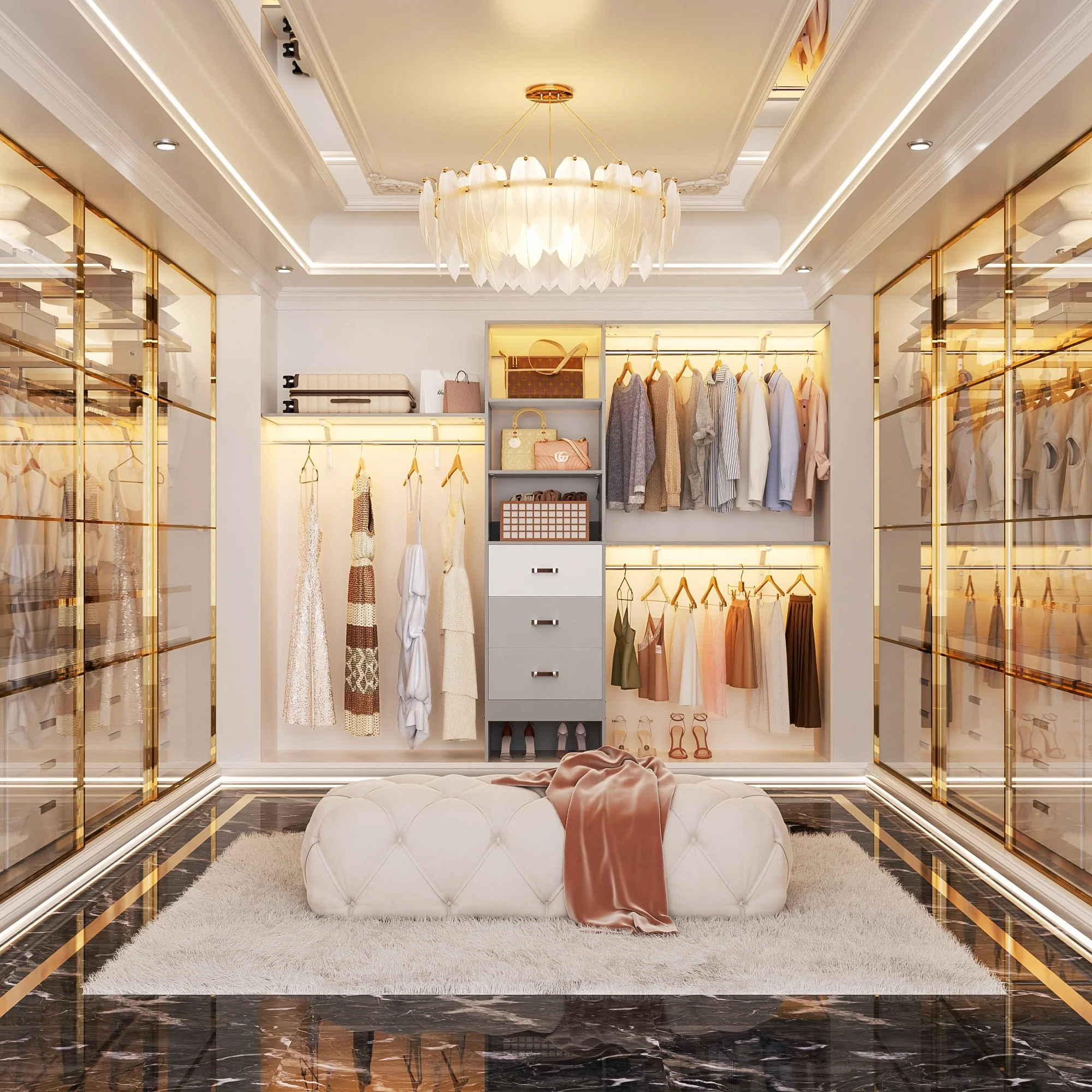 Rackcog 120'' Closet Organizer with Drawers, Closet System with DIY Shelves for Reach-in and Walk-in Closet