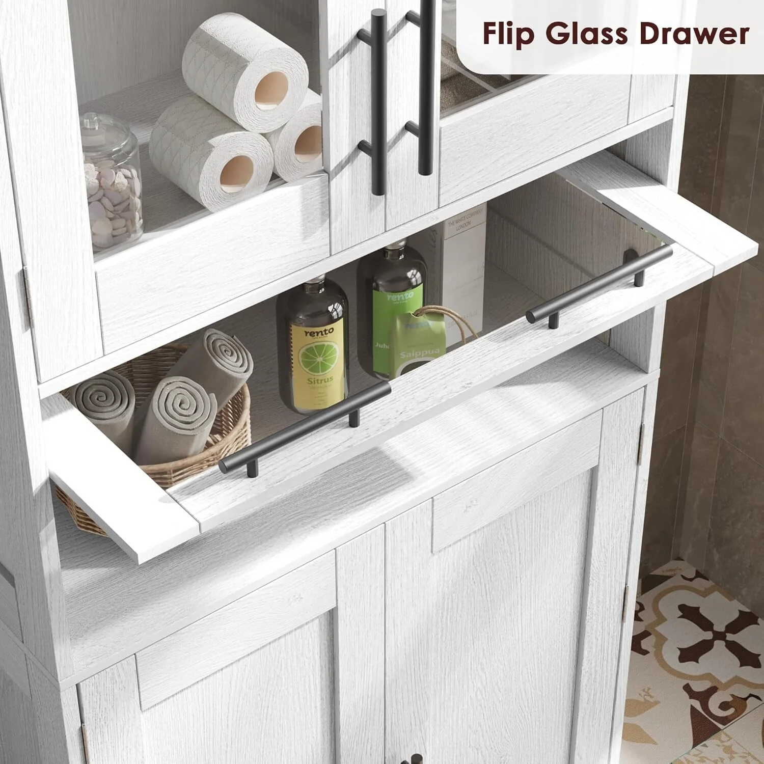 Tall Bathroom Cabinet, Linen Storage Cabinet with Doors and Adjustable Shelves and Drawer