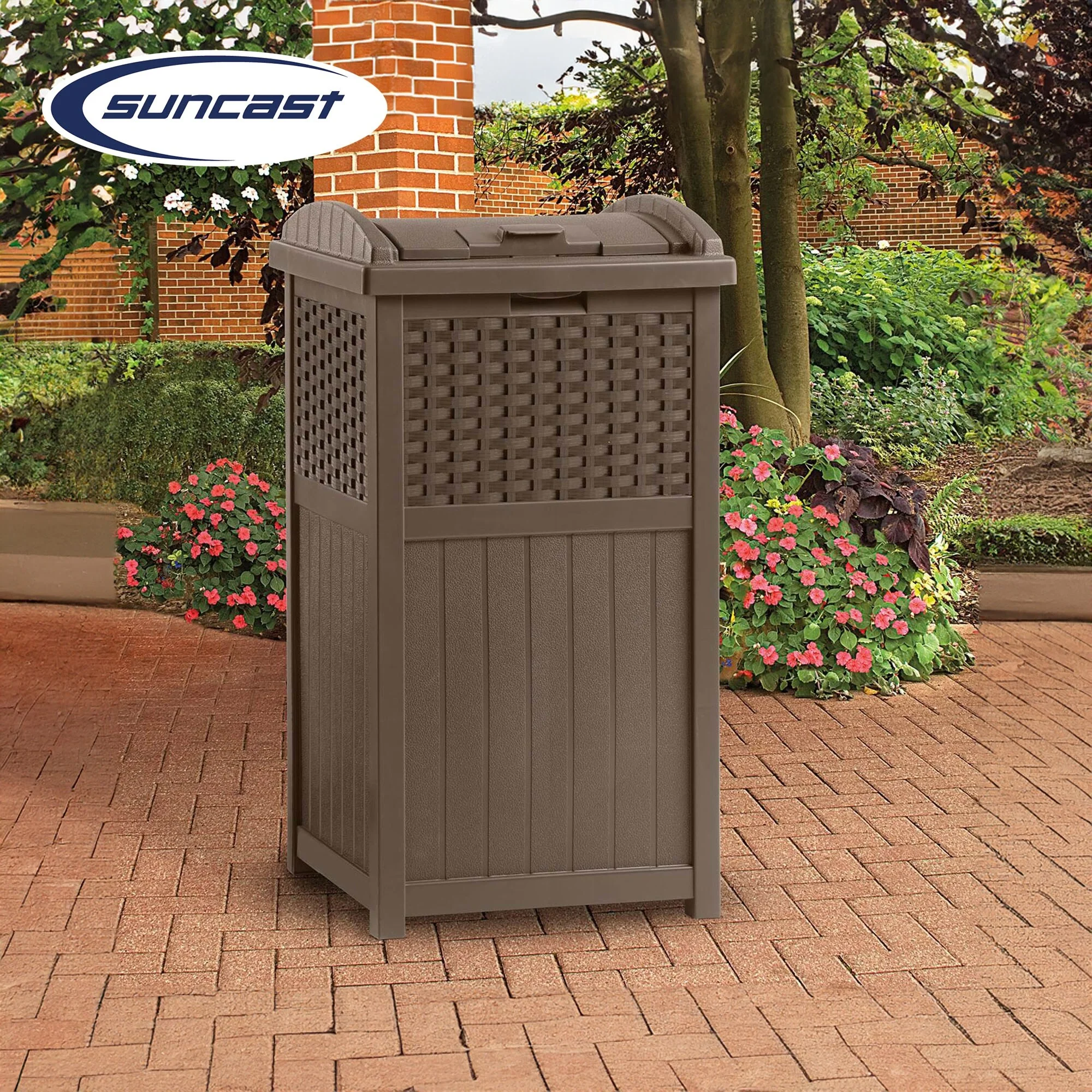 Suncast Trash Hideaway 33 Gallon Resin Wicker Outdoor Garbage Container (4 Pack)