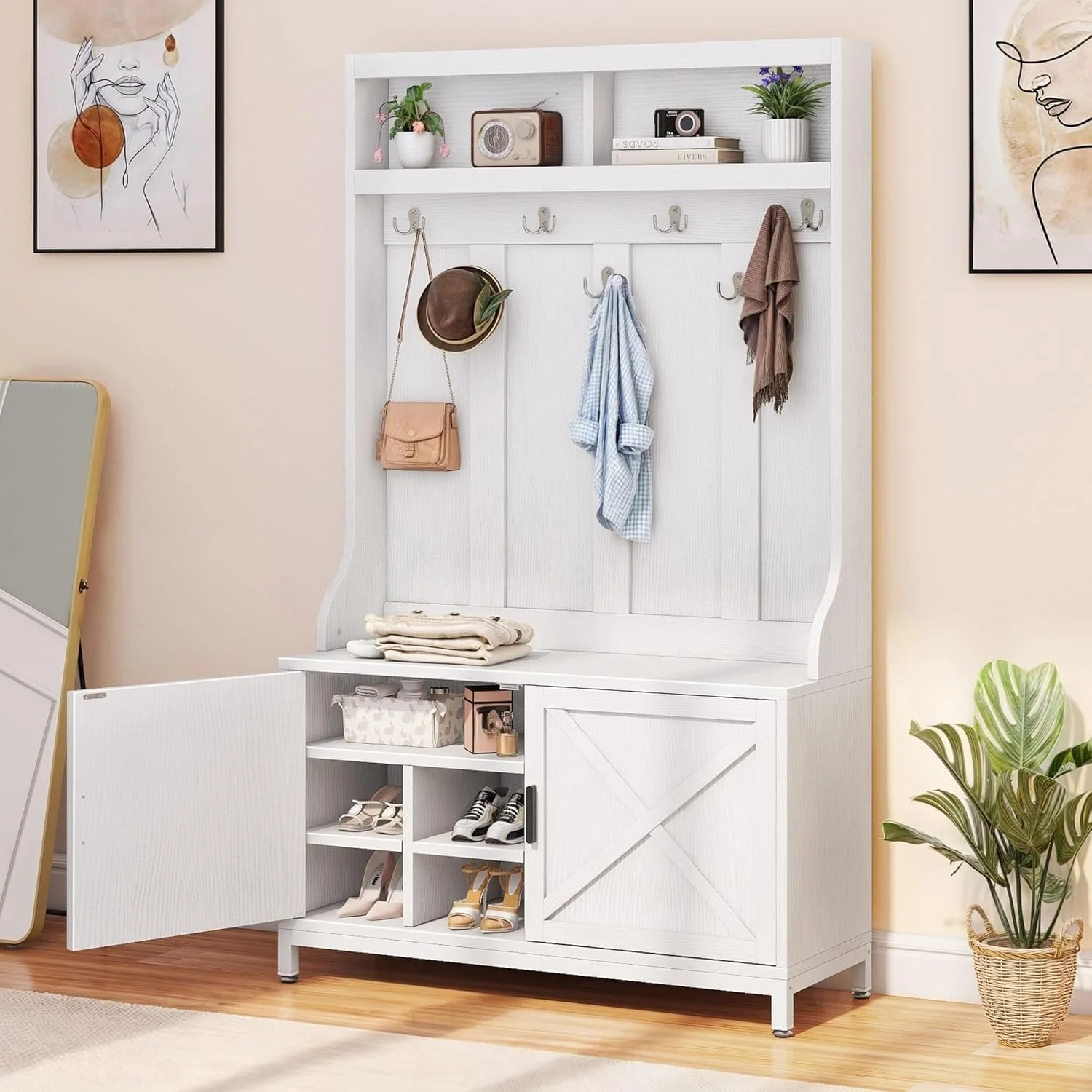 Moasis Farmhouse Hall Tree with Bench and Shoe Storage with 10 Hooks for Entryway