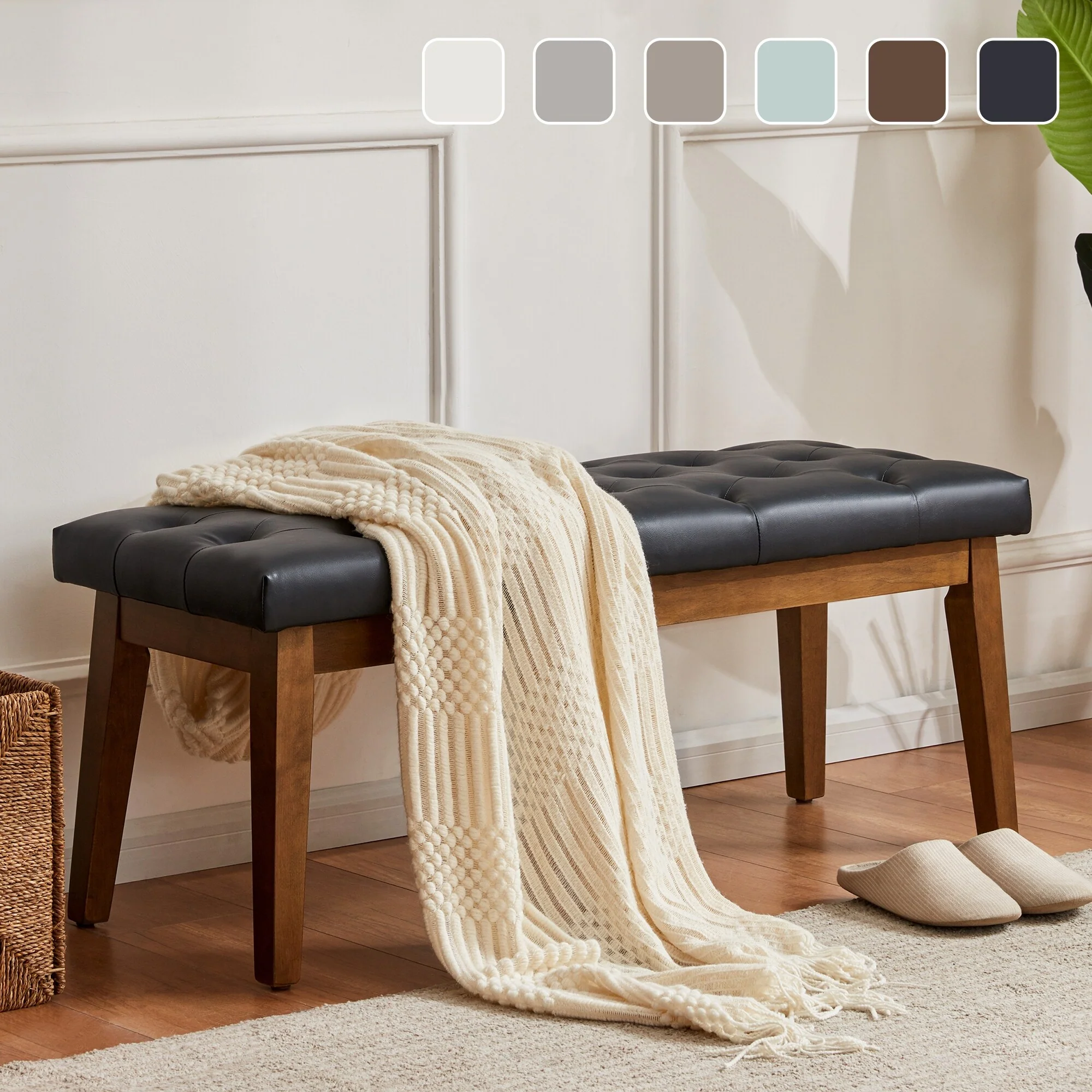 Button-Tufted Bench for End of Bed, Entryway Bench Beige/ Black/ Brown Solid Wood, Leather, Fabric 44-inch