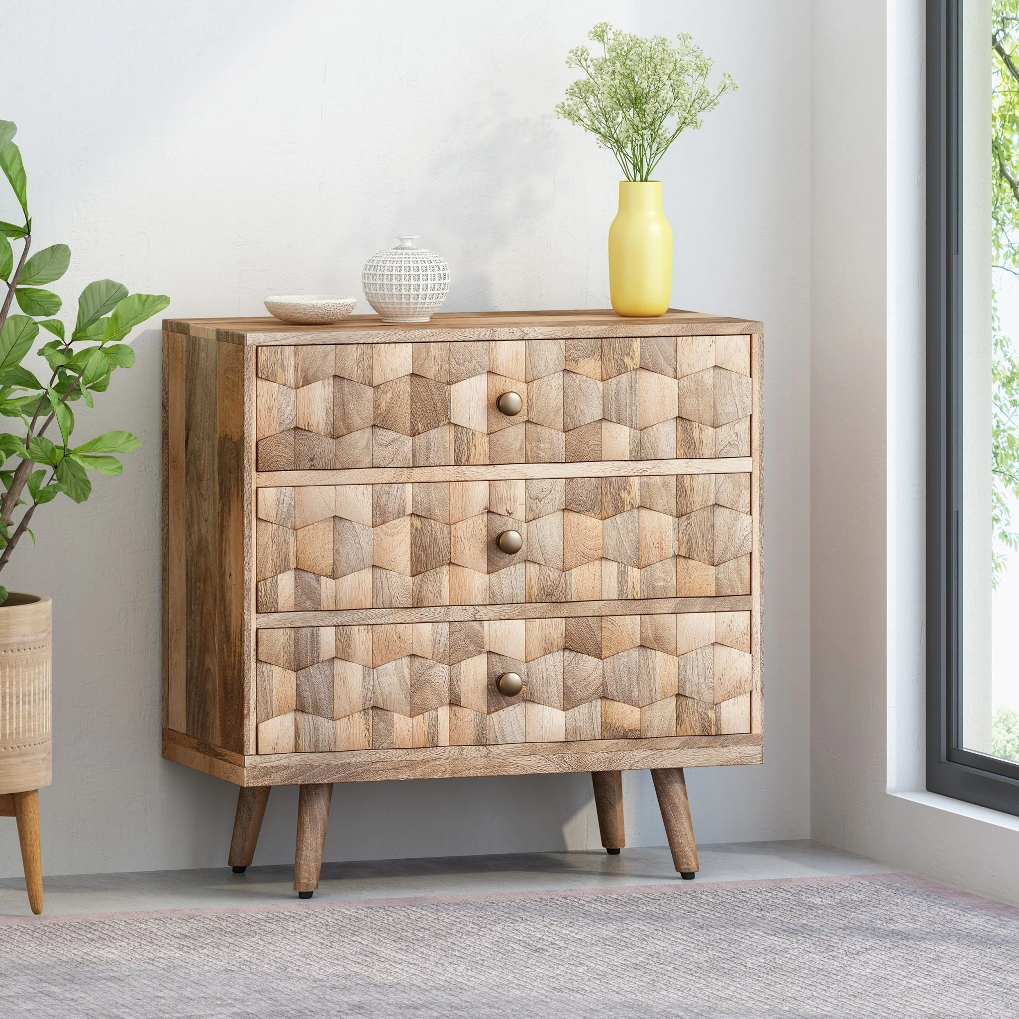 Mango Wood 3-Drawer Chest with 3D Tile Weave Design