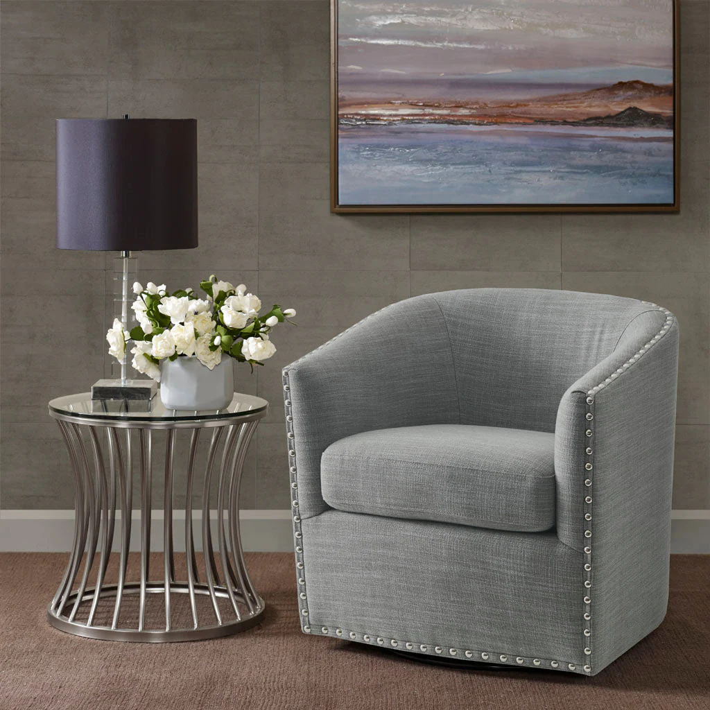 Fantasyy Upholstered Swivel Chair with Nailhead Trim and Curved Design