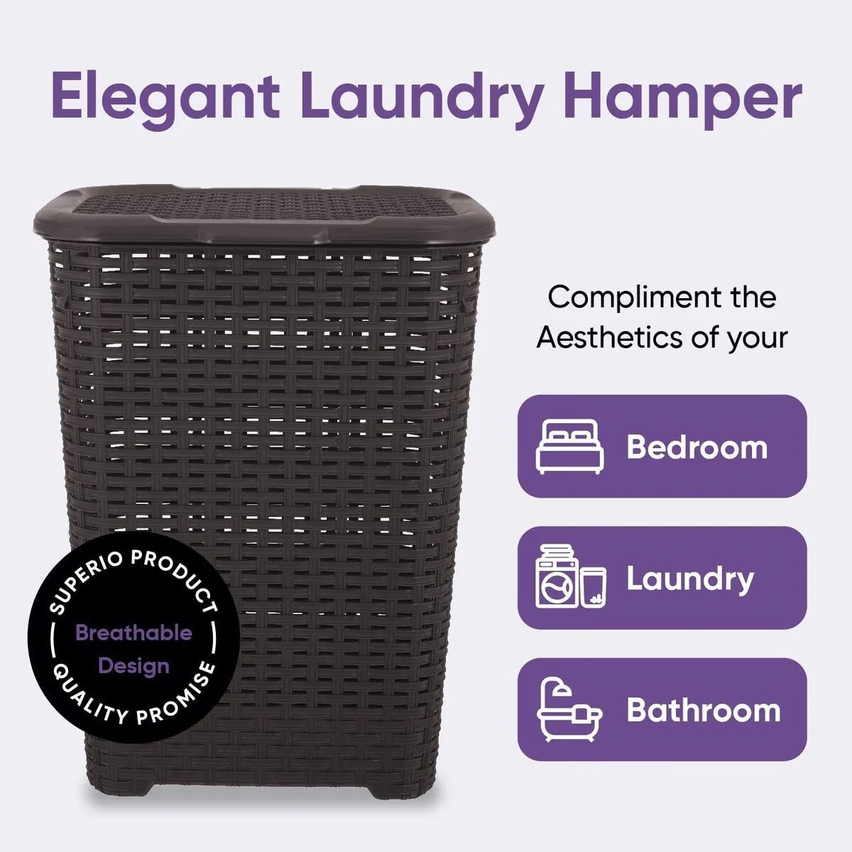 Superio Plastic Wicker Laundry Hamper with Lid Large Capacity - Capacity: 60l