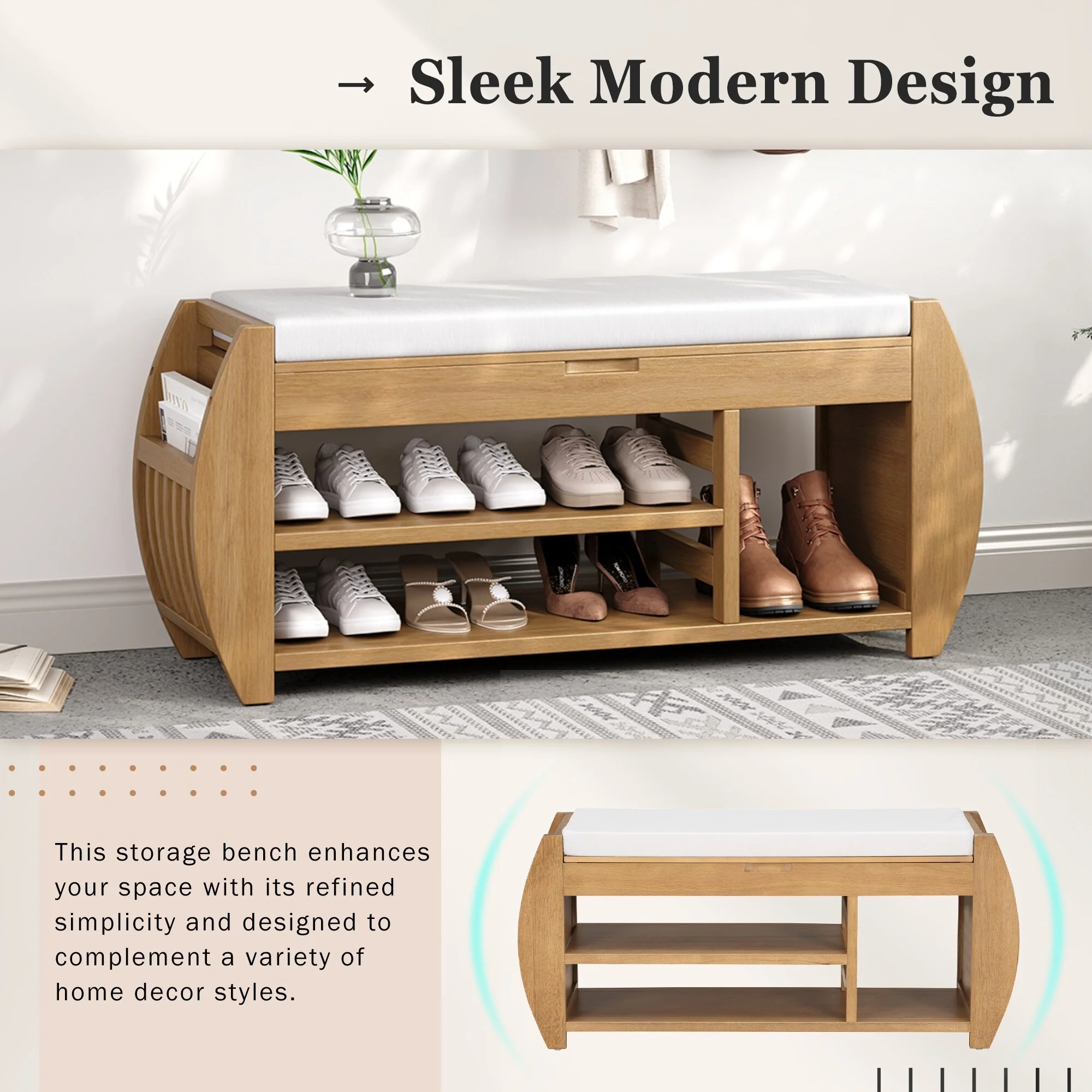 Multifunctional Storage Bench with Cushion and Curved Side Panel for Entrance and Living Room