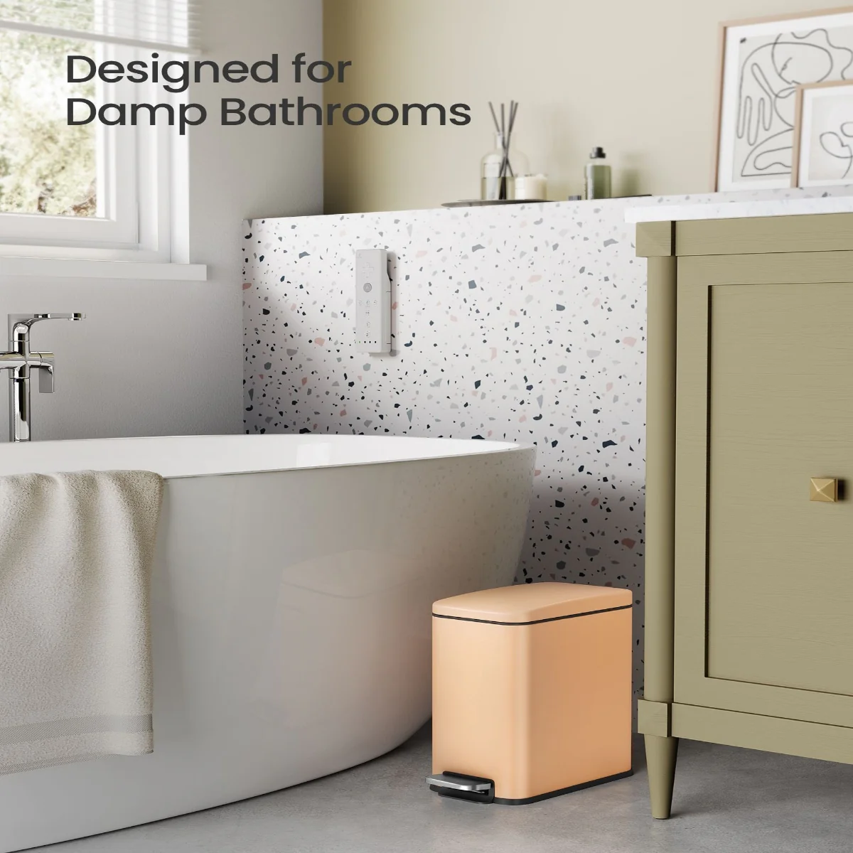 Stainless Steel Slim Bathroom Trash Can with Soft-Close Lid and Plastic Removable Inner Bucket