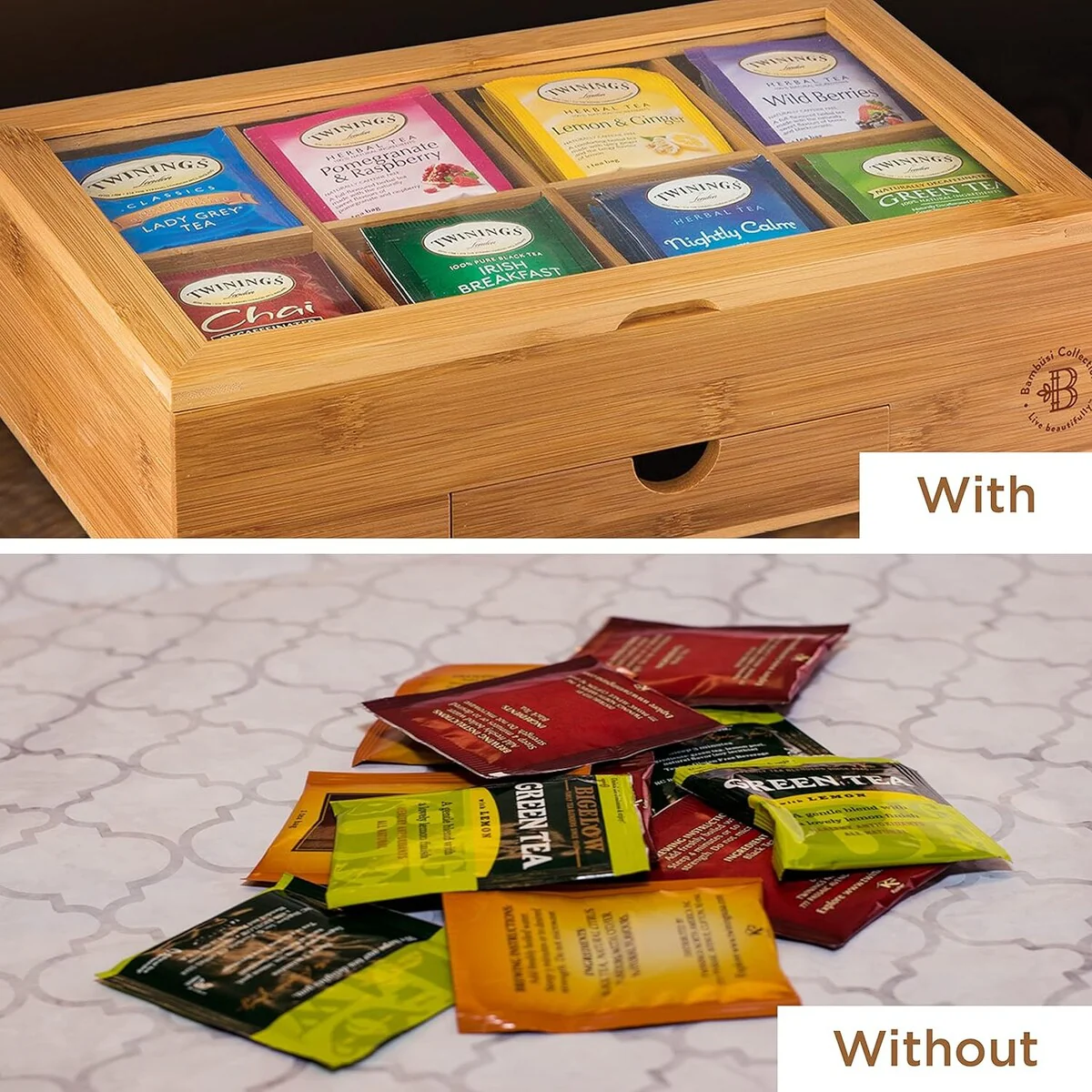 Tea Bag Organizer - Tea Organizer: Wooden Tea Box with 8 Compartments, Acrylic Window, and Magnetic Lid, Made of Bamboo