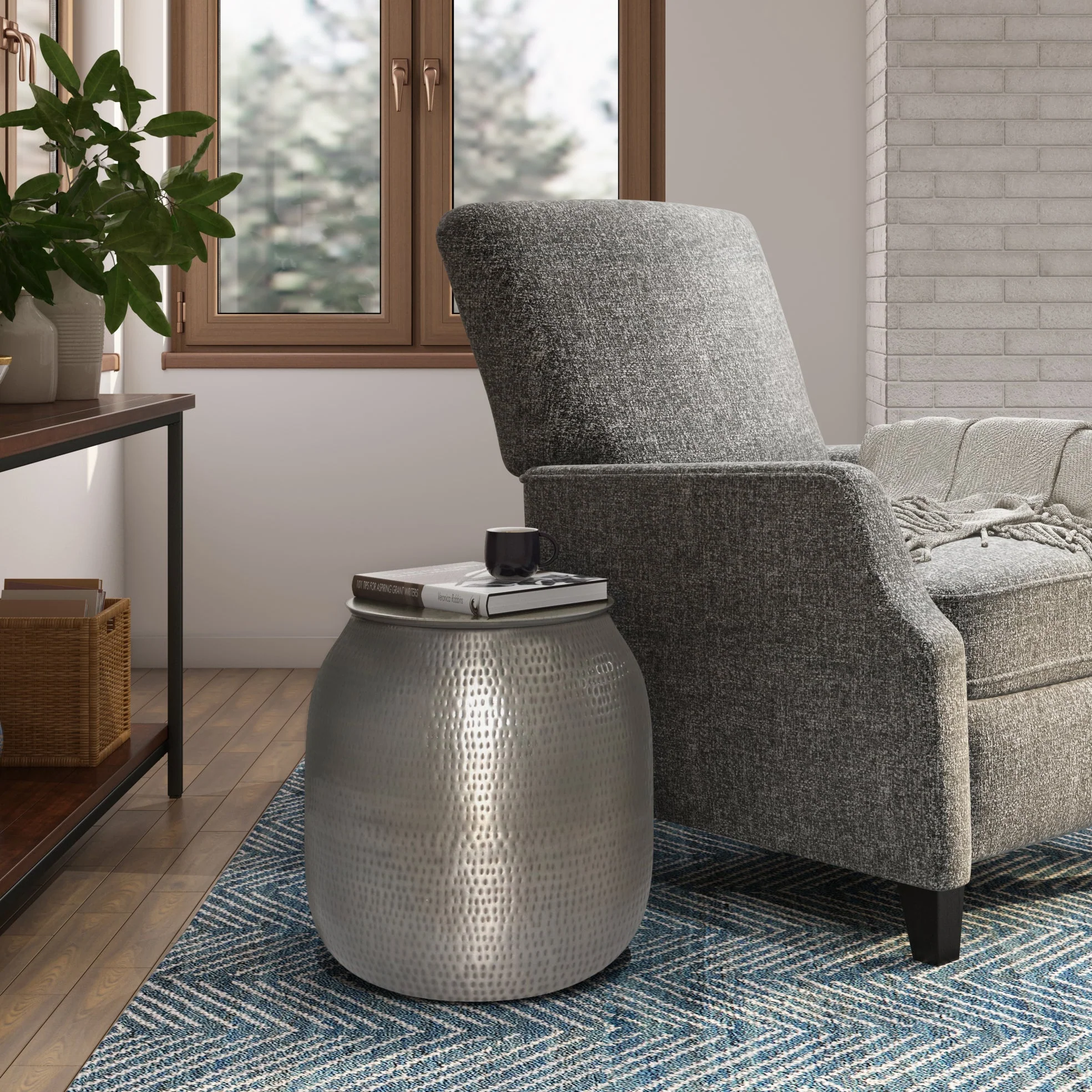 Destiny Drum-Shaped Hammered Accent Table with Removable Top