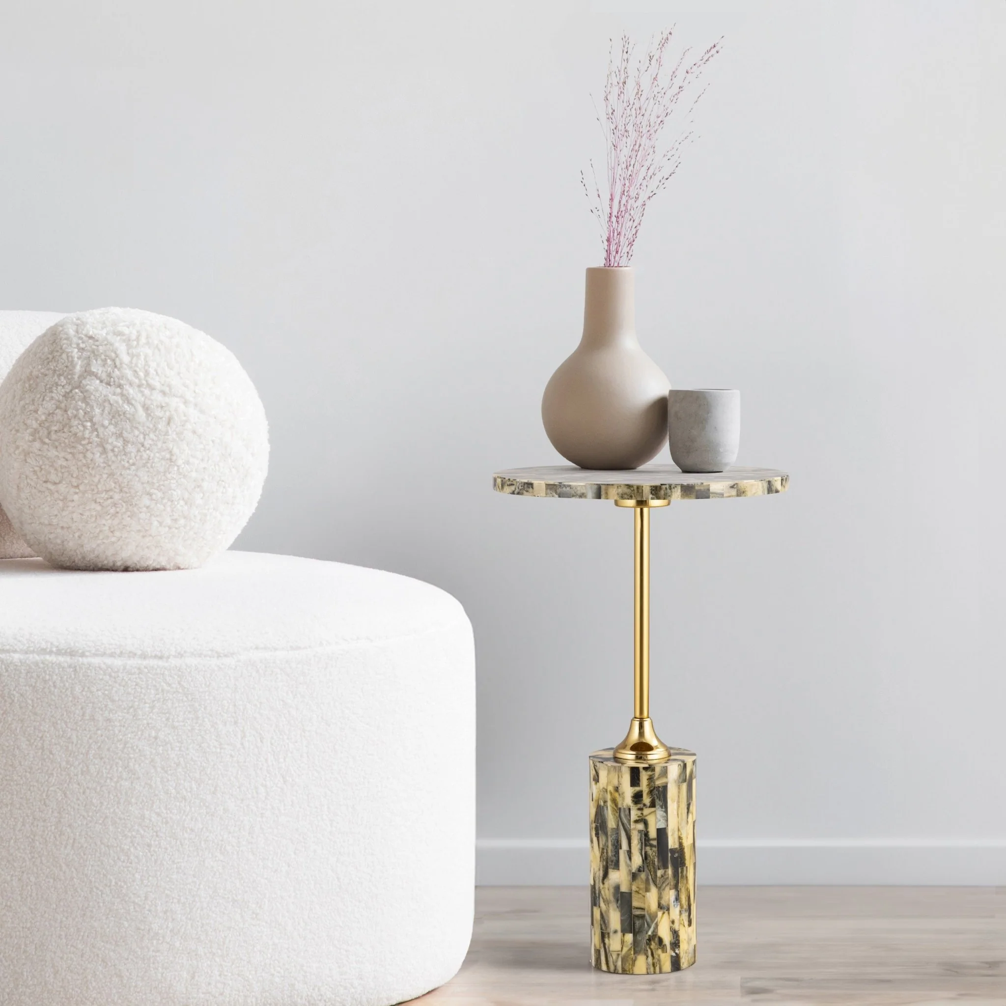Hedda Contemporary Glam Metal/Resin Faux Stone Round End Table