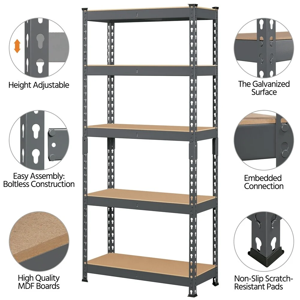 Yaheetech 5 Tiers Boltless Storage Shelf 330lb Capacity for Each Tier,Metal Frame MDF Wood Boards