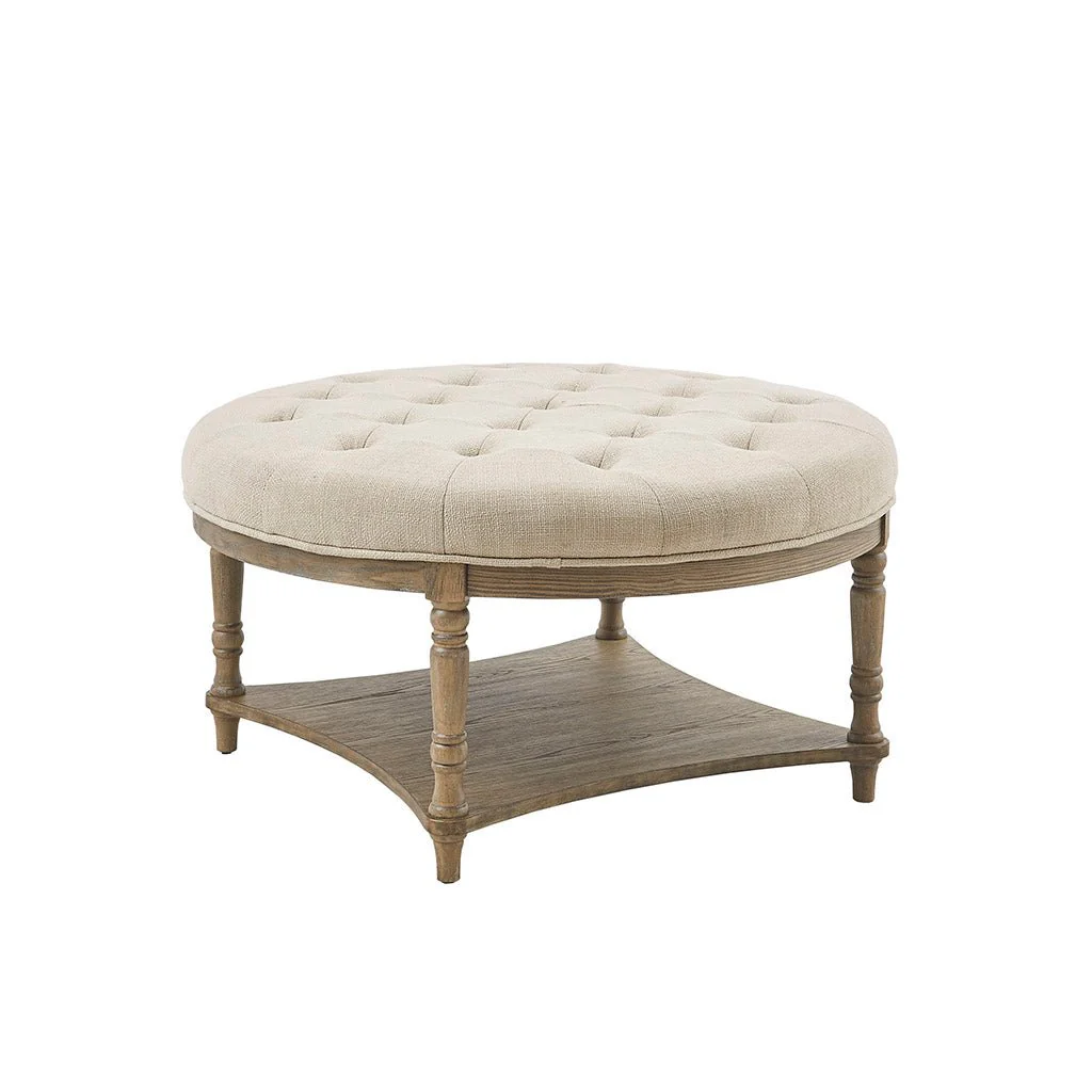 Button Tufted Round Ottoman with Turned Legs
