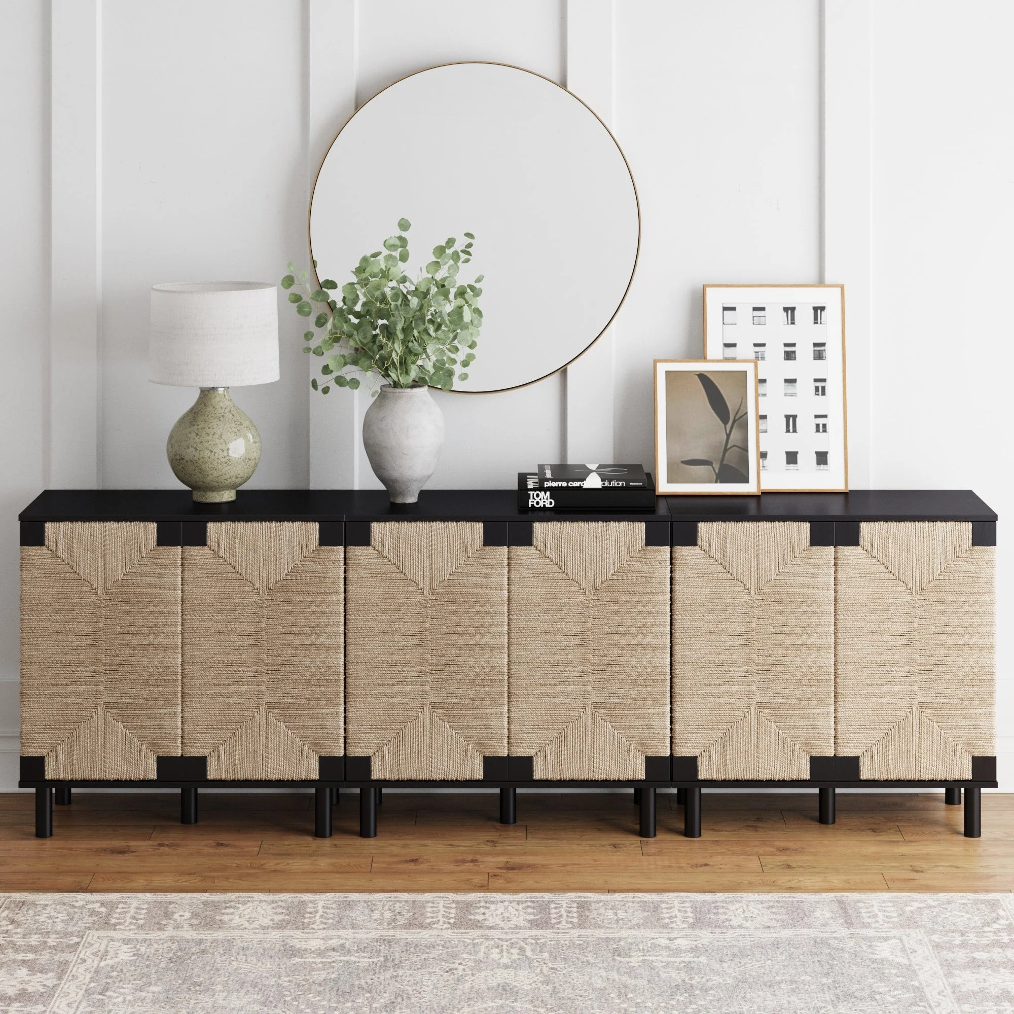 Nathan James Beacon Wood Accent Cabinet with Seagrass Doors and Adjustable Shelf