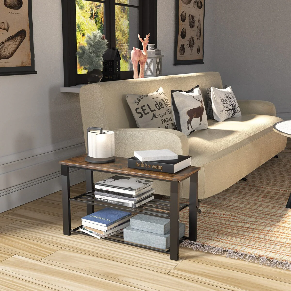 Wood Top Shoe Storage Bench for Entryway, Rustic Brown