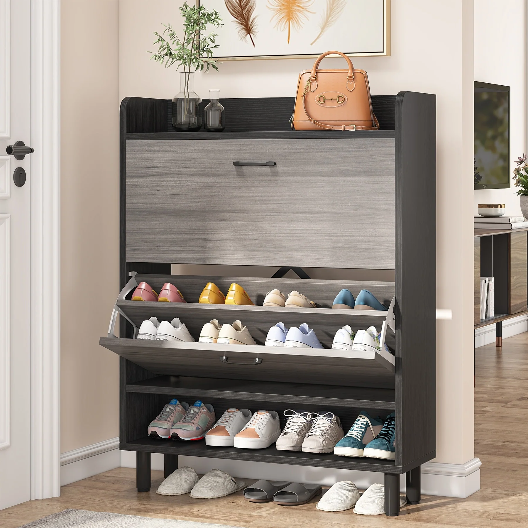 24 Pairs Shoe Storage Cabinet Rack with 2 Flip Drawers - 2-Tier