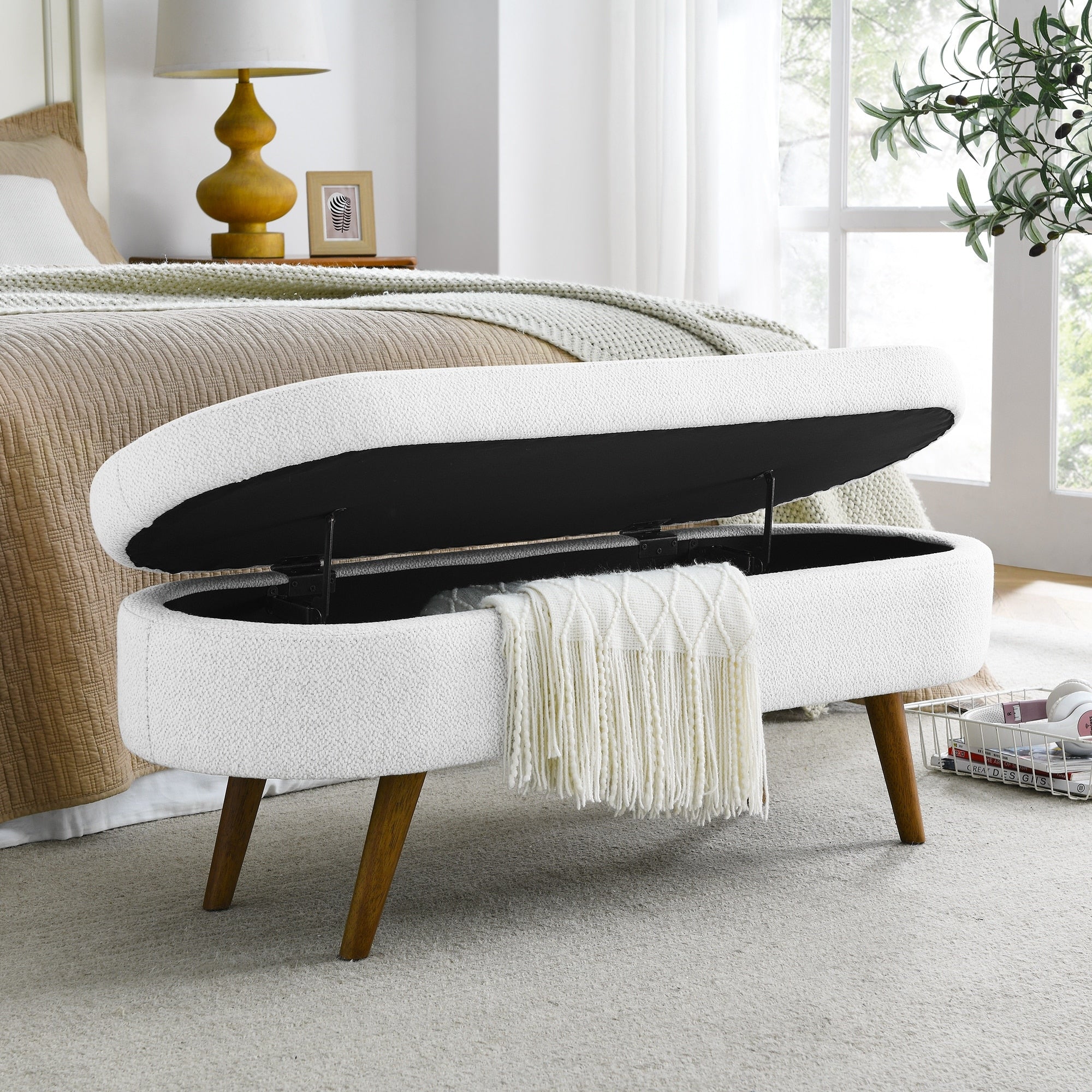 Ottoman Oval Storage Bench,Rubber Wood Legs, Beige