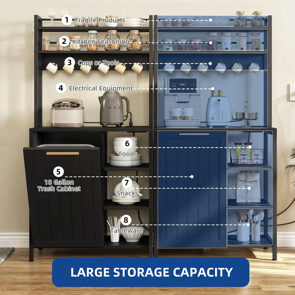 Moasis 6 Tier Kitchen Bakers Rack with Storage Shelves, Kitchen Organizer with Trash Can Bin Cabinet