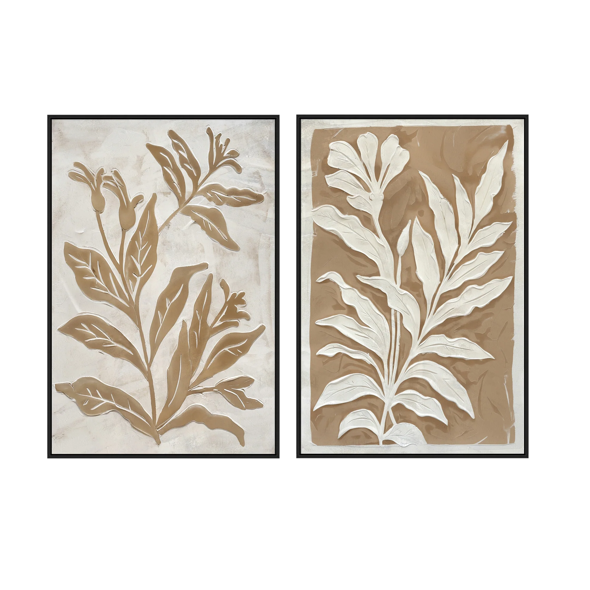 Brown and White Minimalist Leaf Paintings with Black Frame, Set of 2