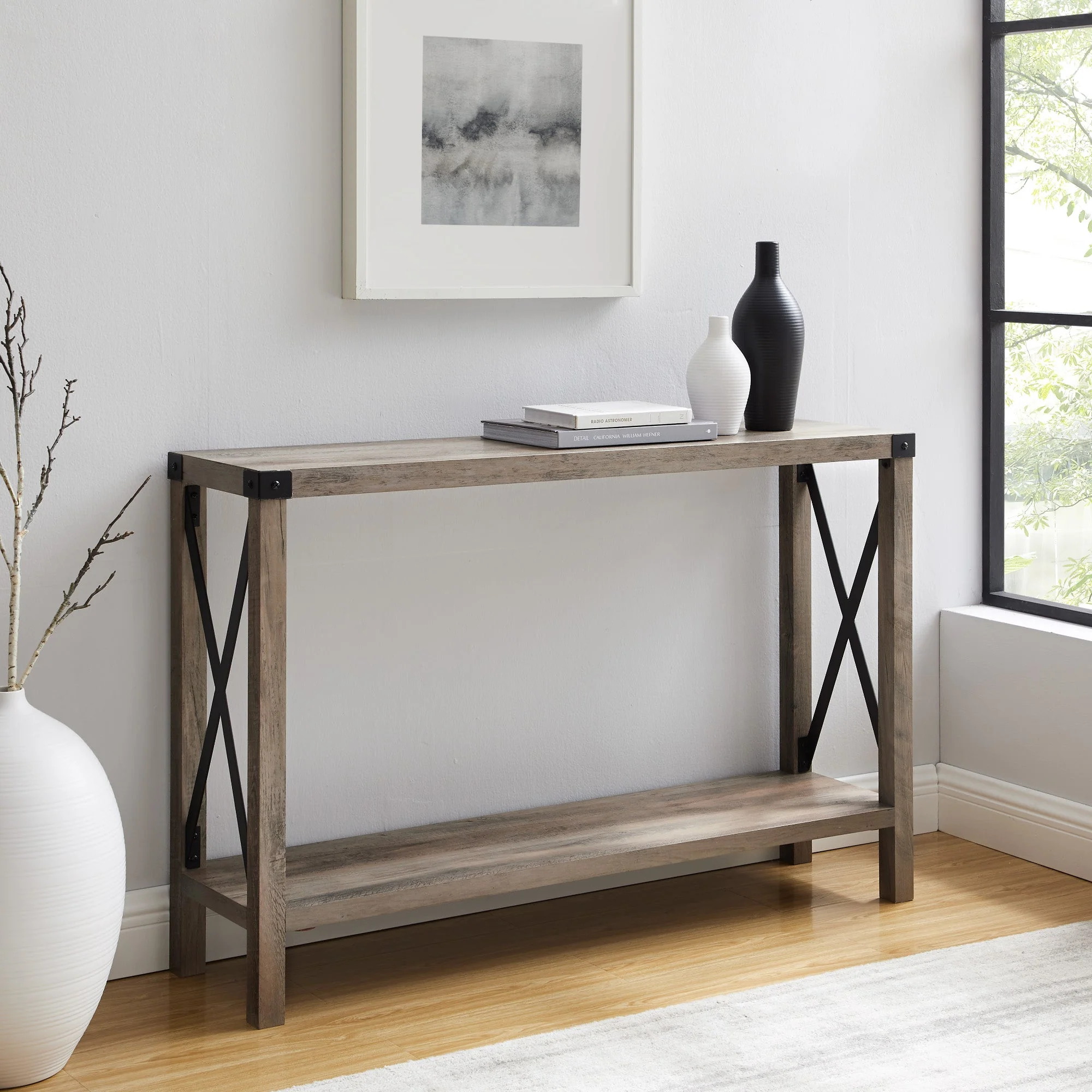 Wood Entry Table with Lower Shelf and X-Shaped Metal Sides