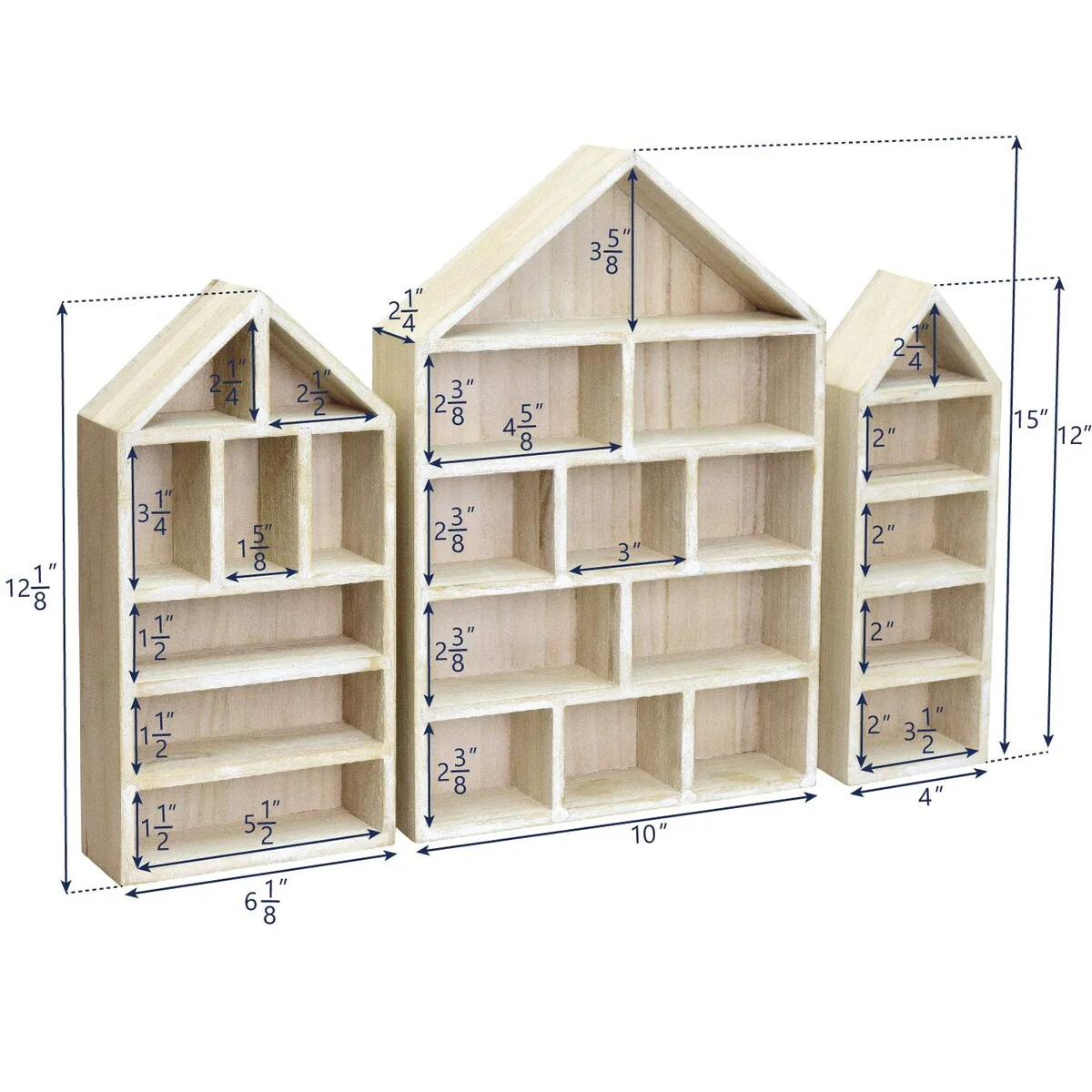 House-Shaped Wooden Shadow Cubby Display Shelf, Set of 3