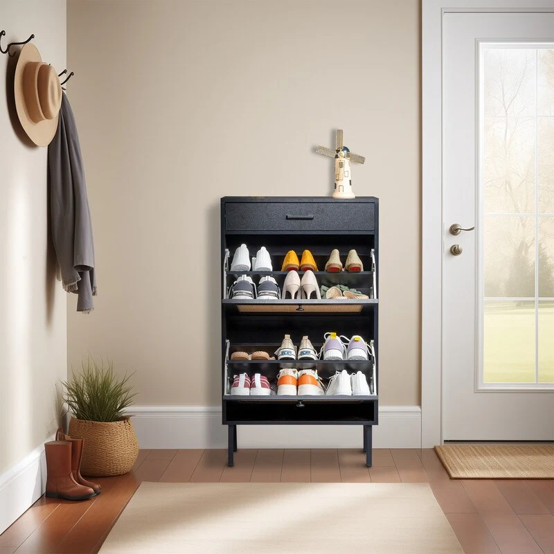 Real Rattan Shoe Cabinet with 2 Flip Drawers & 1 Small Drawer