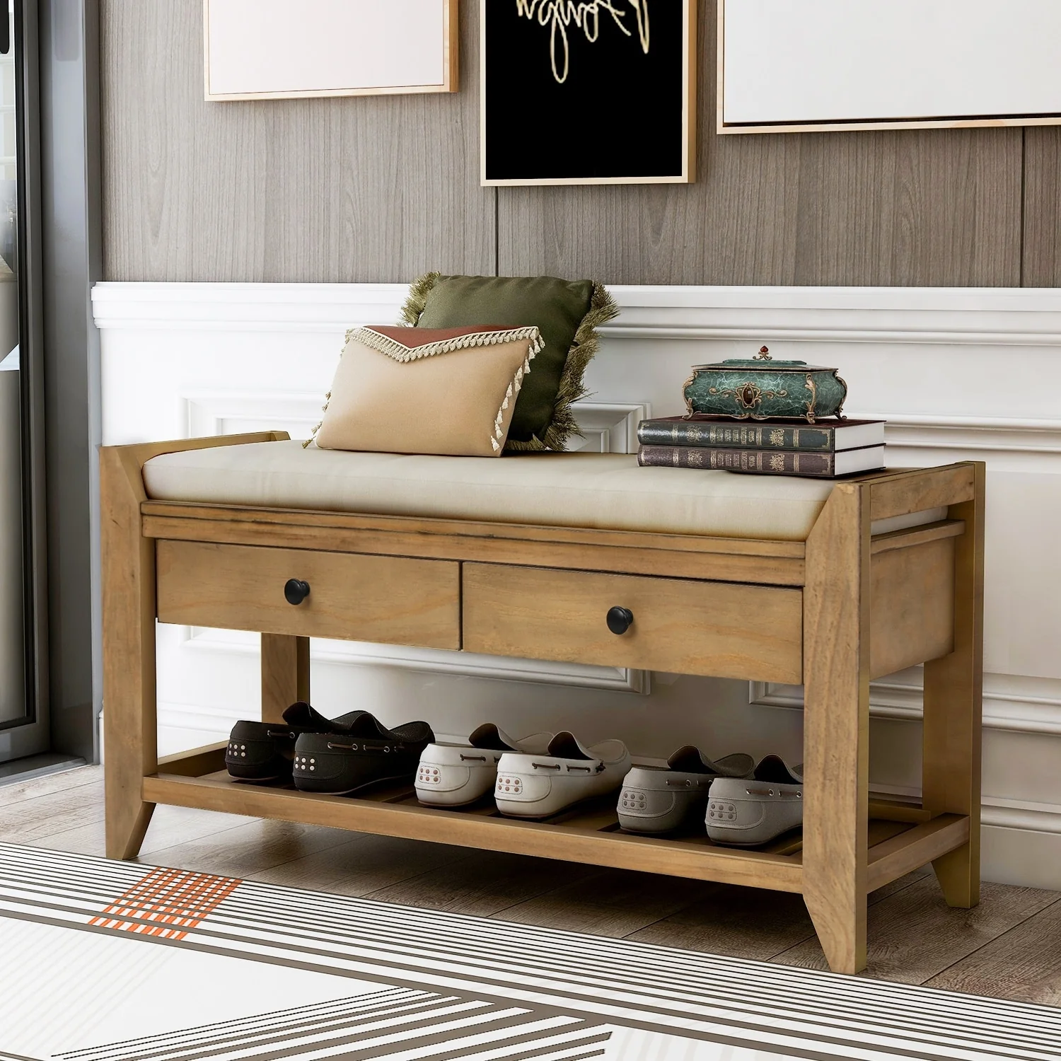 Multi-purpose Shoe Rack with Cushioned Seat and Drawers