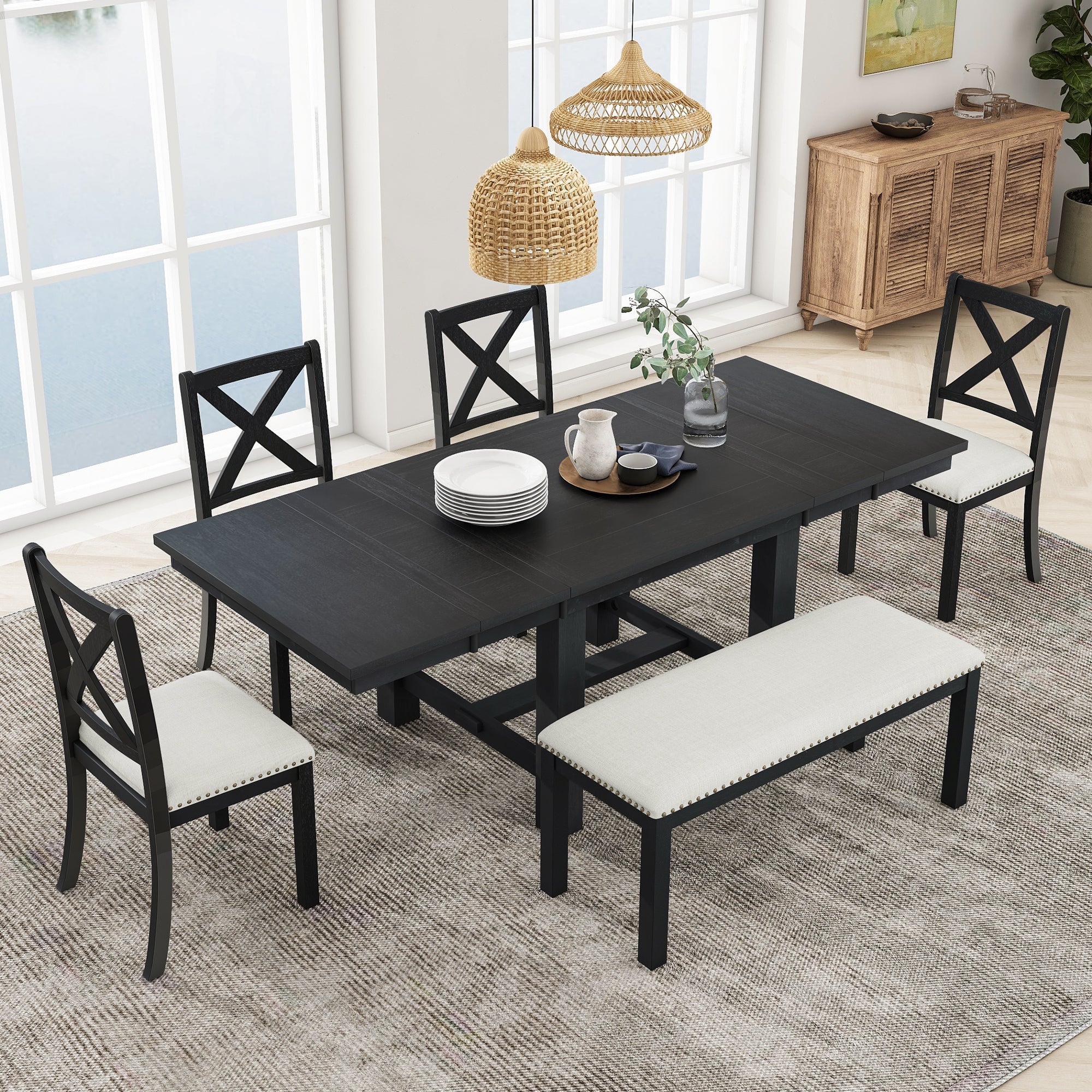 Farmhouse 82 6-Piece Extendable Dining Table with Footrest, 4 Upholstered Dining Chairs, Dining Bench and Two 11 Removable Leaf